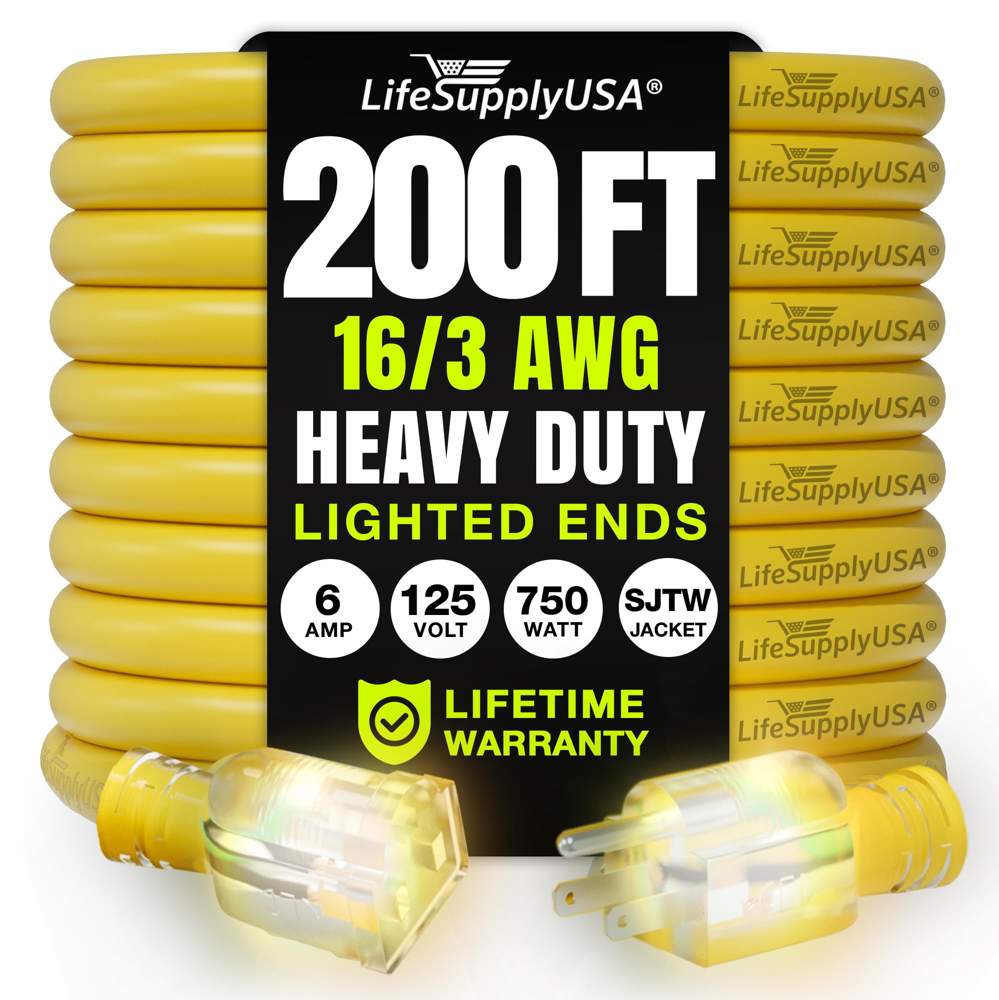Lifesupplyusa 200Ft Outdoor/Indoor Extension Cord 16/3 Gauge Heavy Duty 3 Prong Sjtw, Waterproof, Flexible Cold Resistant Long P