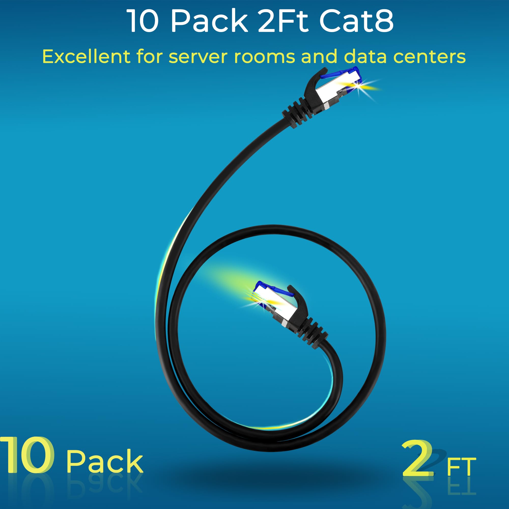 Rapink Patch Cables Cat8 2Ft 10 Pack Slim, Cat8 Ethernet Patch Cable 40G Support, Snagless Cat 8 Patch Cable For Patch Panel To Switch, Flexiable Cat 8 Ethernet Cable Datacenter With Gold Plated
