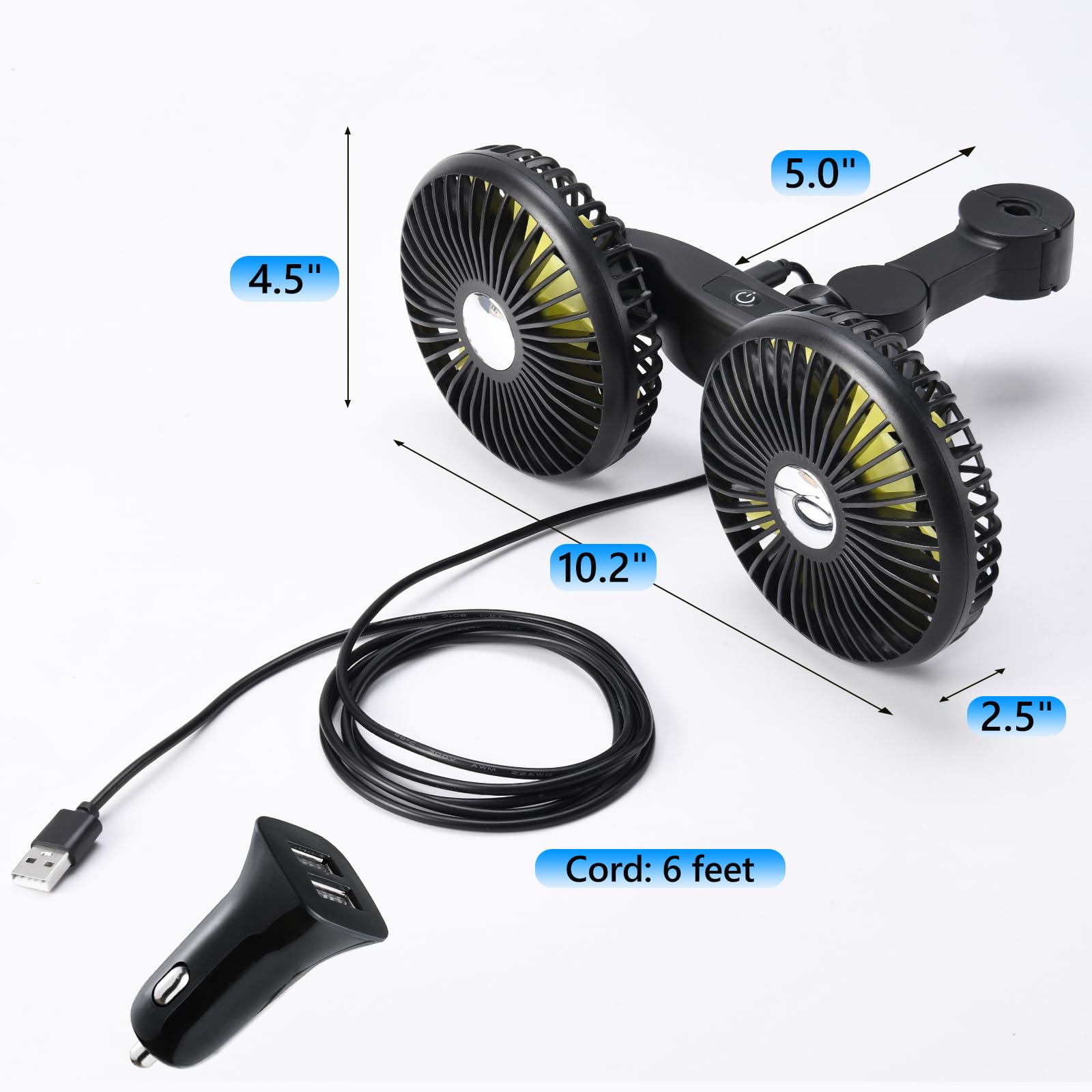 Dicmky Dual Head Car Cooling Fan For Back Seat, Battery Powered Rechargeable Usb Car Seat Headrest Fan For Baby Rear Facing, Sum