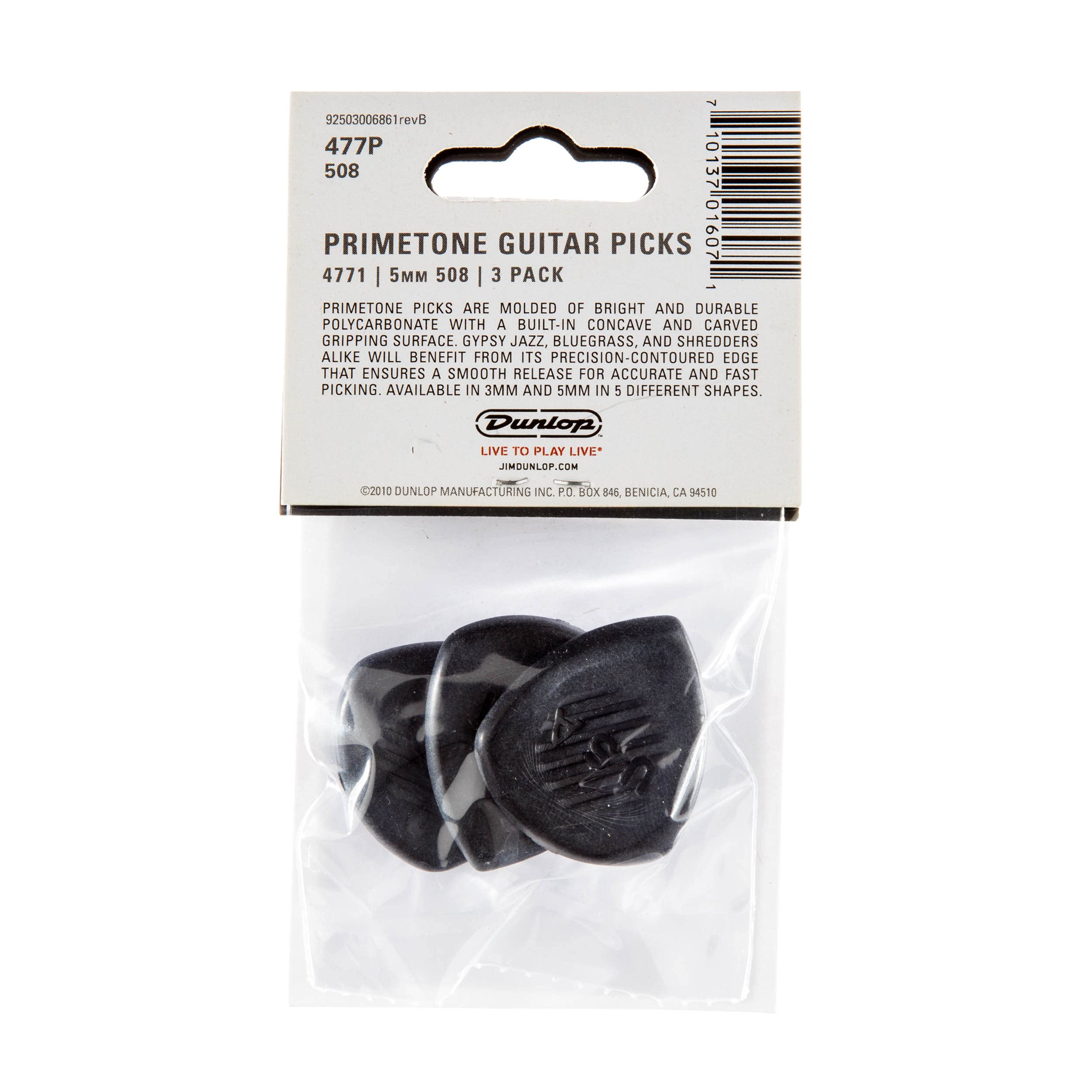 Jim Dunlop 477P508 Primetone, Black, 5.0Mm, 3/Player'S Pack