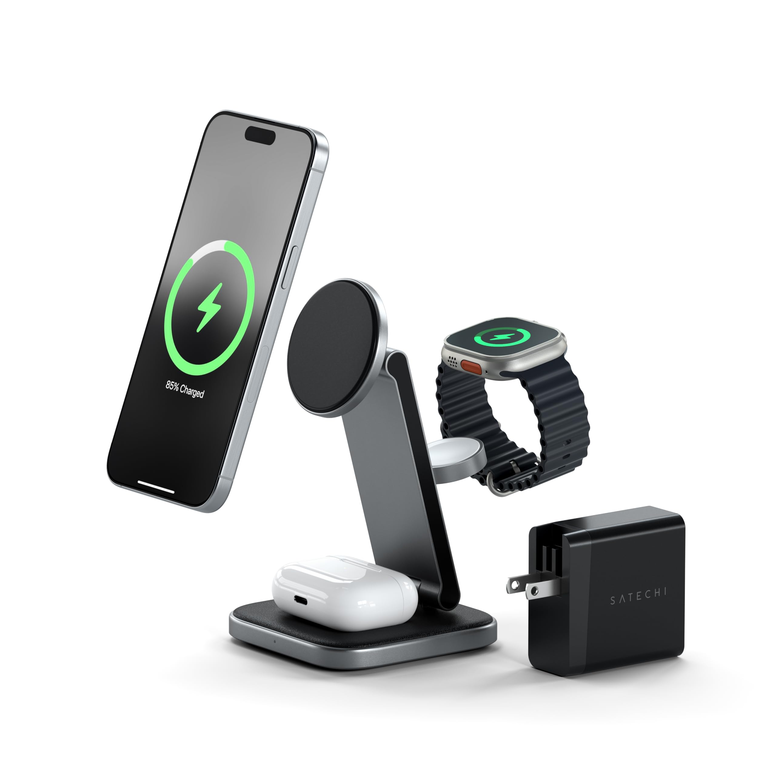 Satechi 3 in 1 Wireless Charging Station for Apple, MagSafe, Qi2 Certified, 15W Magnetic, Foldable Travel Charger Station for iP