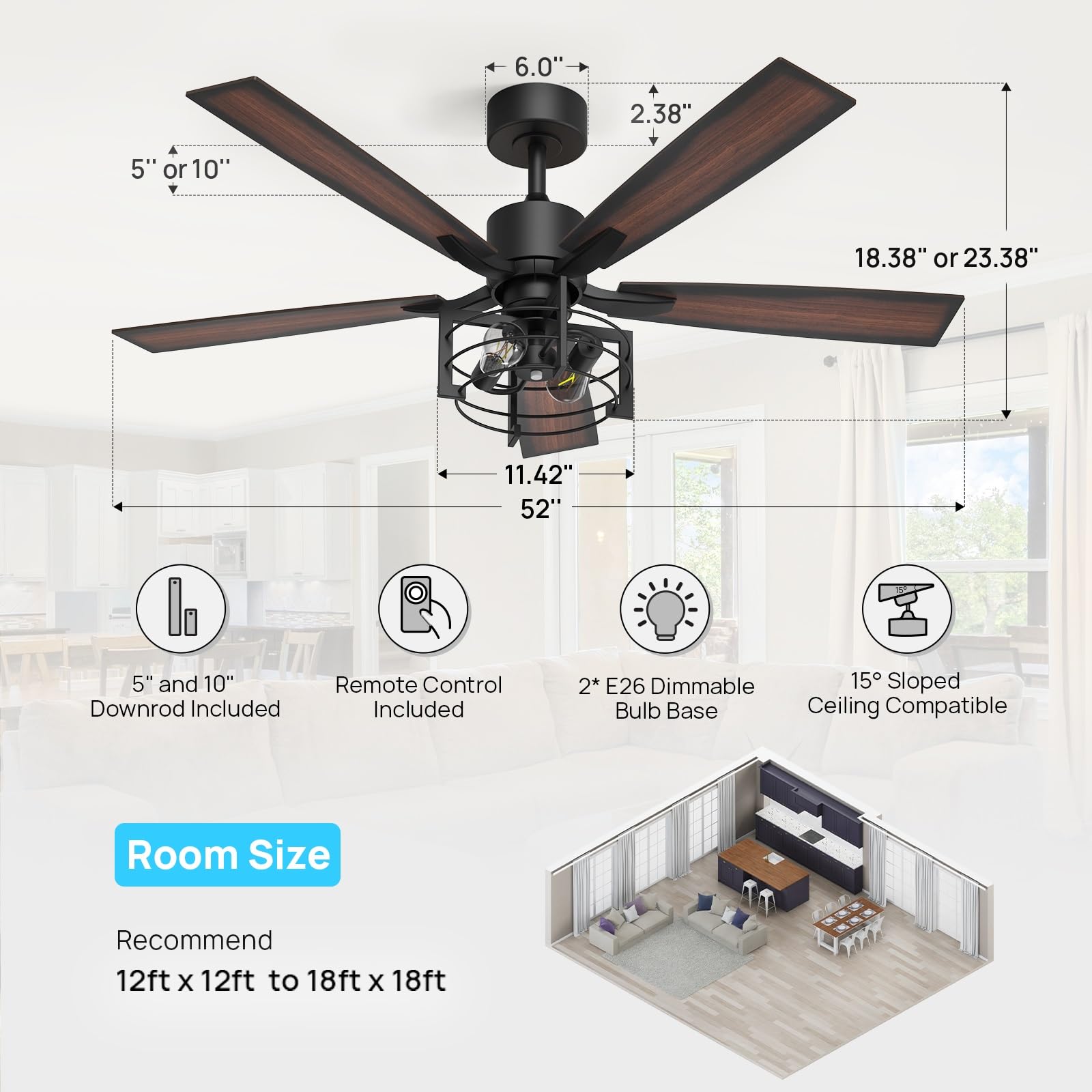 Consciot 52 Inch Ceiling Fans With Lights Remote, Modern Farmhouse Caged Ceiling Fan, Reversible Motor, 5 Double Finish Wood Bla