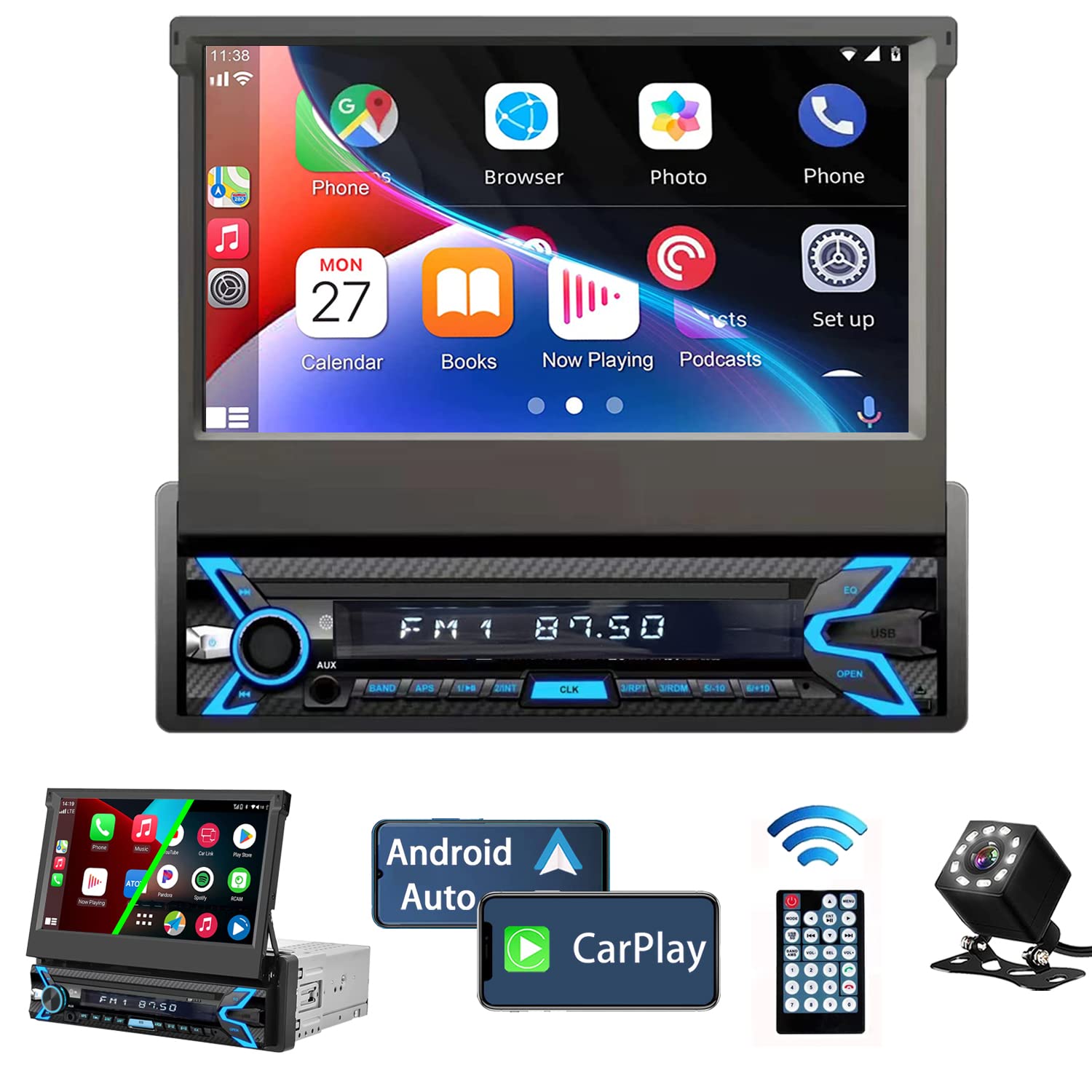 Naifay Single Din Car Stereo Compatible With Apple Carplay & Android Auto, 7Inch Flip Out Touchscreen Car Radio With Bluetooth F