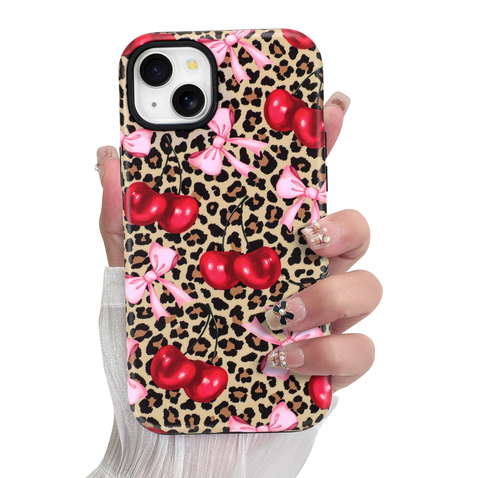 SOKAD Magnetic Cherry Bow Phone Case for iPhone 15, Cute Cherry Pink Bow Vintage Leopard Pattern Compatible with Magsafe Matte P