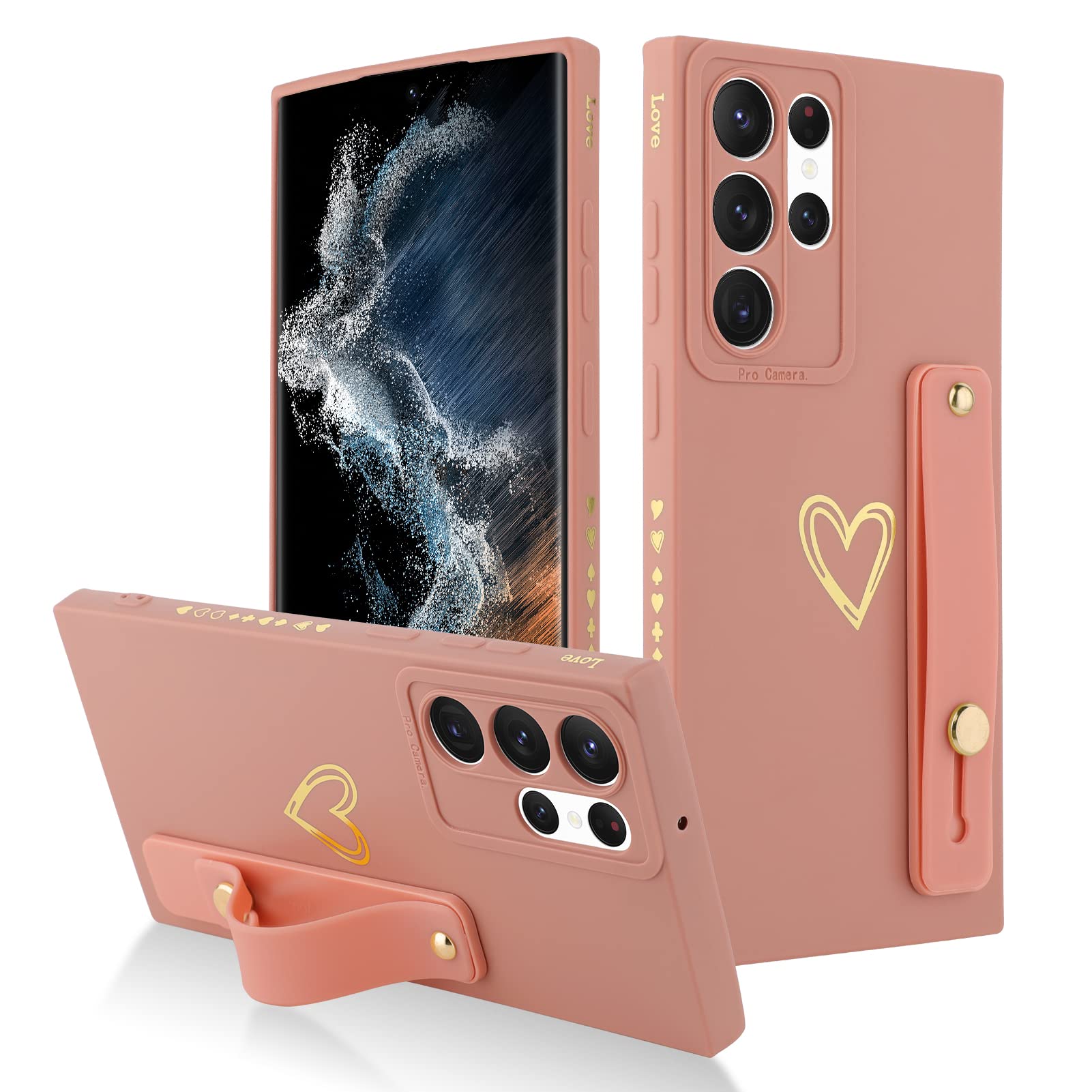 Fiyart Designed For Galaxy S22 Ultra Case With Phone Stand Holder Cute Love Hearts Pattern Slim Protective Camera Protection Cov