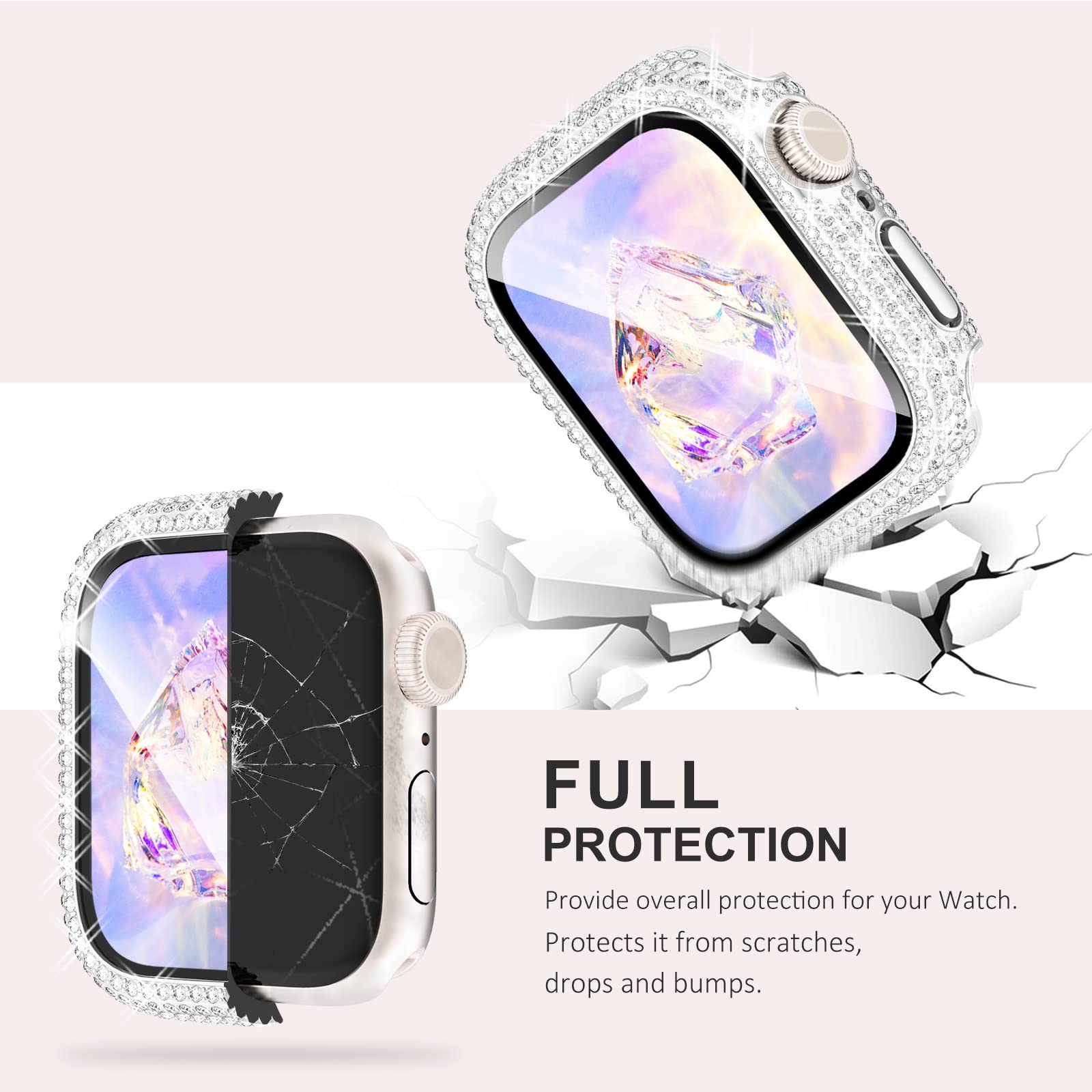 Kades Compatible With Iwatch Accessories With Built In Tempered Glass Screen Protector Bling Crystal Diamond Rhinestone Full Pro