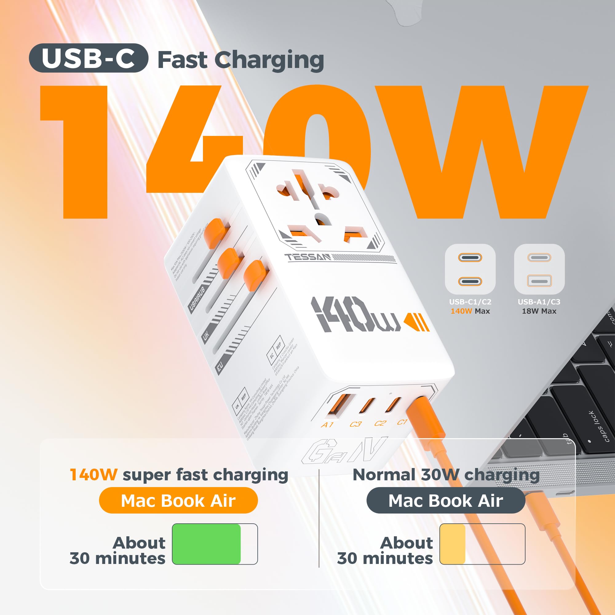 140W Gan Universal Travel Adapter, Tessan International Plug Adaptor With 1 Usb A And 3 Usb C Charging Ports, Worldwide Power Ou