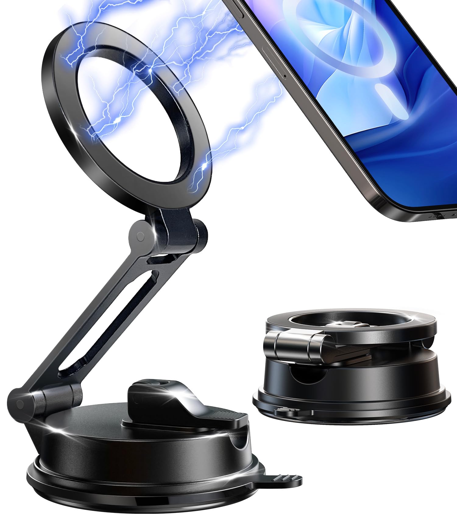 ?Vacuum Suction Folding Car Mount? Magnetic Car Phone Holder For Magsafe, Aerospace Alloy Arm, Best Dashboard/Windshield/Screen 