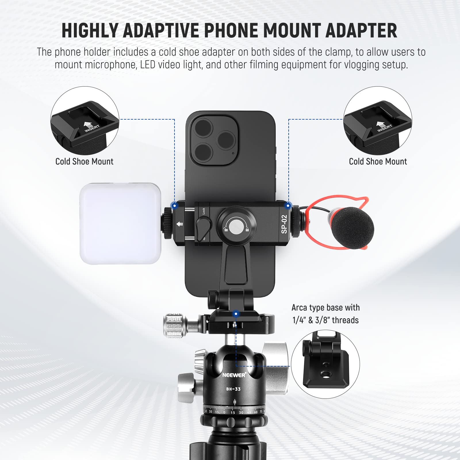 Neewer Metal Phone Tripod Mount Adapter With Arca Qr Base, Cold Shoe, 360 Swivel 180 Tilt, Phone Holder Compatible With Iphone 1