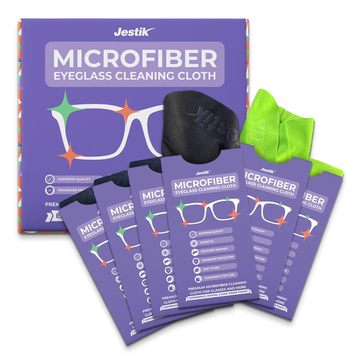 Jestik Microfiber Cleaning Cloth - Japanese Lens Wipes for Eyeglasses, Camera Lenses, Screens & More - Versatile Glasses Cleaner Cloths, Lint-Free, Washable (Black/Green - Pack of 6)