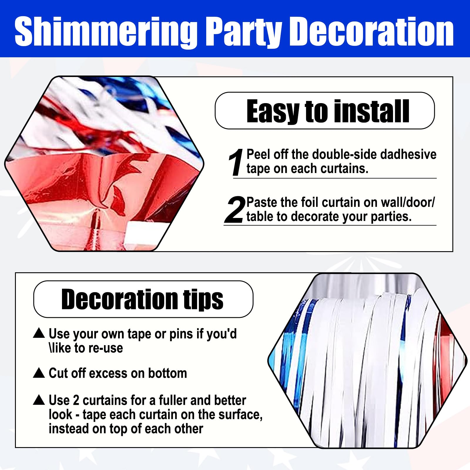 3 Pack White Blue Red Foil Fringe Curtain Backdrop, 3.28Ft X 9.8Ft Metallic Tinsel Foil Fringe Streamer Curtains For Photo Booth