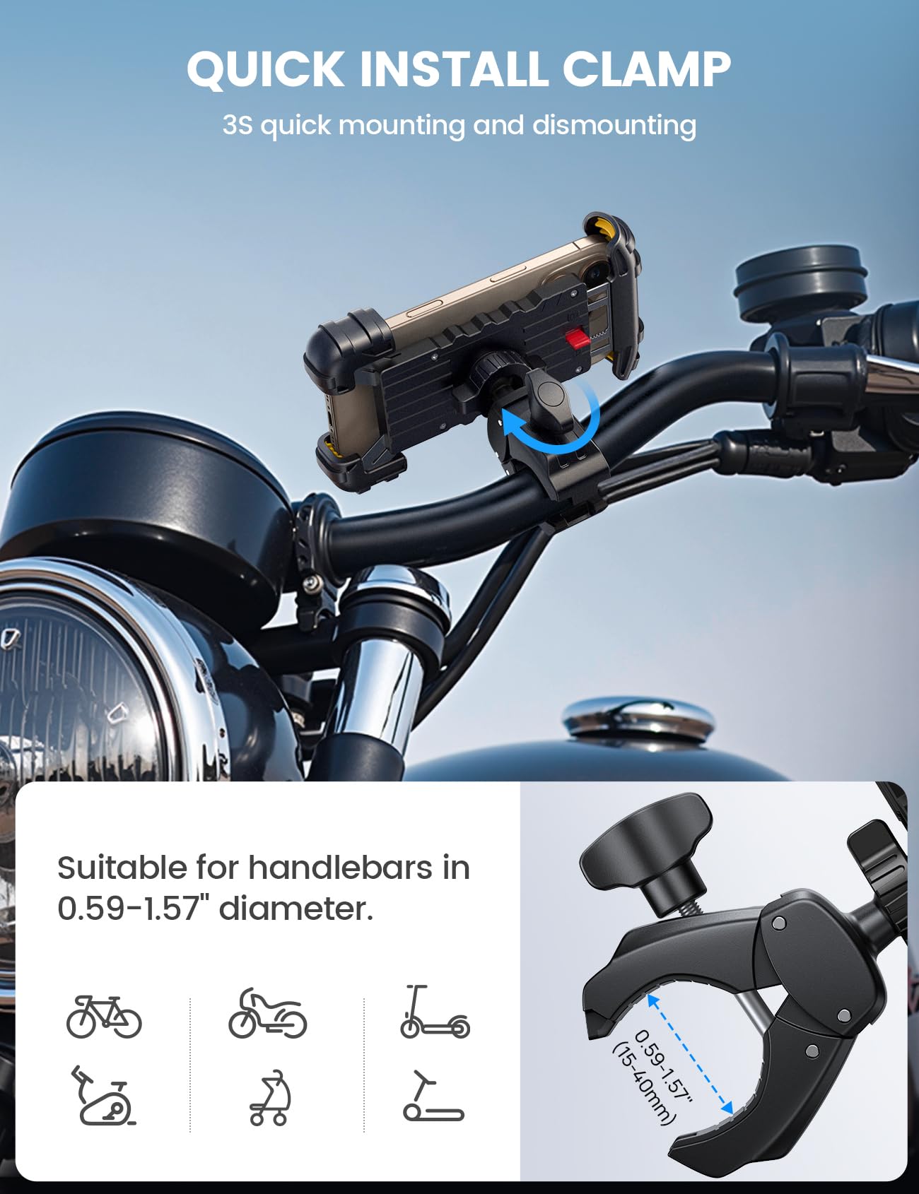 Lamicall Bike Phone Holder Mount   Motorcycle Handlebar Phone Mount Clamp, One Hand Operation Atv Scooter Phone Clip For Iphone
