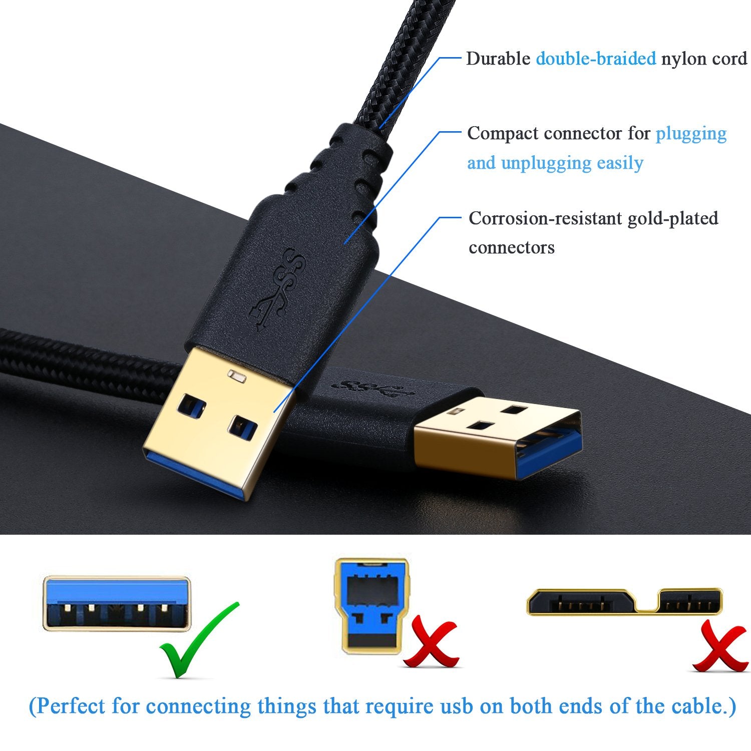 Besgoods Usb 3.0 Cable Male To Male, 2 Pack Braided 6Ft Usb To Usb Cable Type A Male Double End Usb Cord Compatible Hard Drive Enclosures, Dvd Player, Laptop Cooler   Black �
