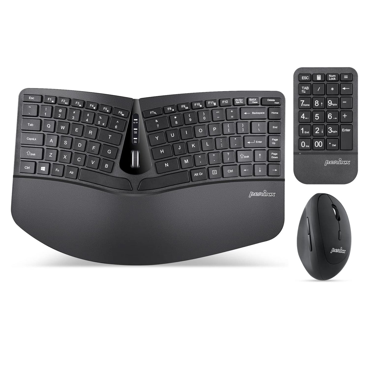 Perixx Periduo 606A, 3 In 1 Wireless Compact Ergonomic Keyboard With Vertical Mouse And Numeric Keypad   Adjustable Palm Rest   Tilt Wheel   Membrane Low Profile Keys   Us English