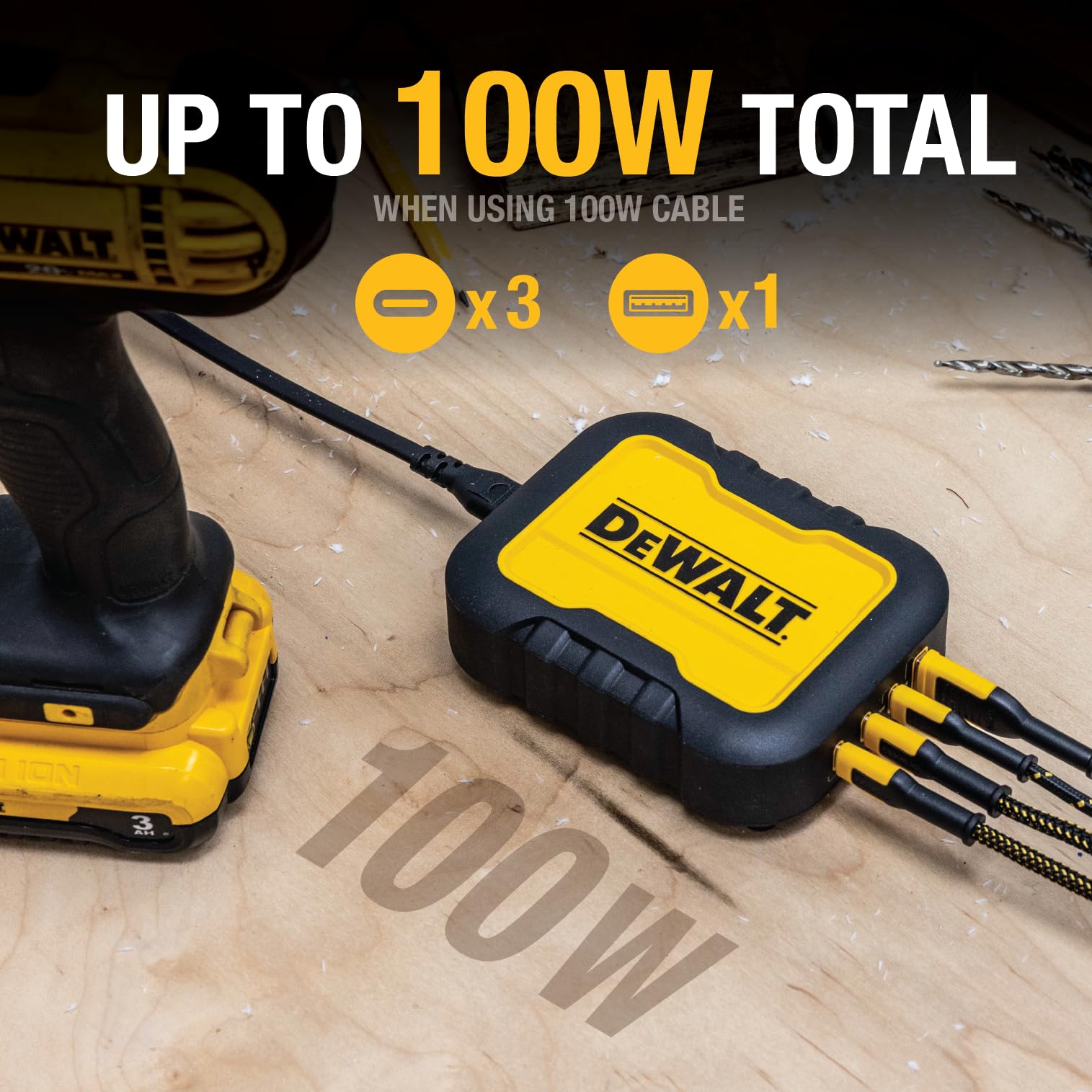 Dewalt 4 Port Usb Charger Block, 100W Usb C Charger Intelligent Power Sharing, 6Ft Power Cord   Charge 4 Devices Simultaneously