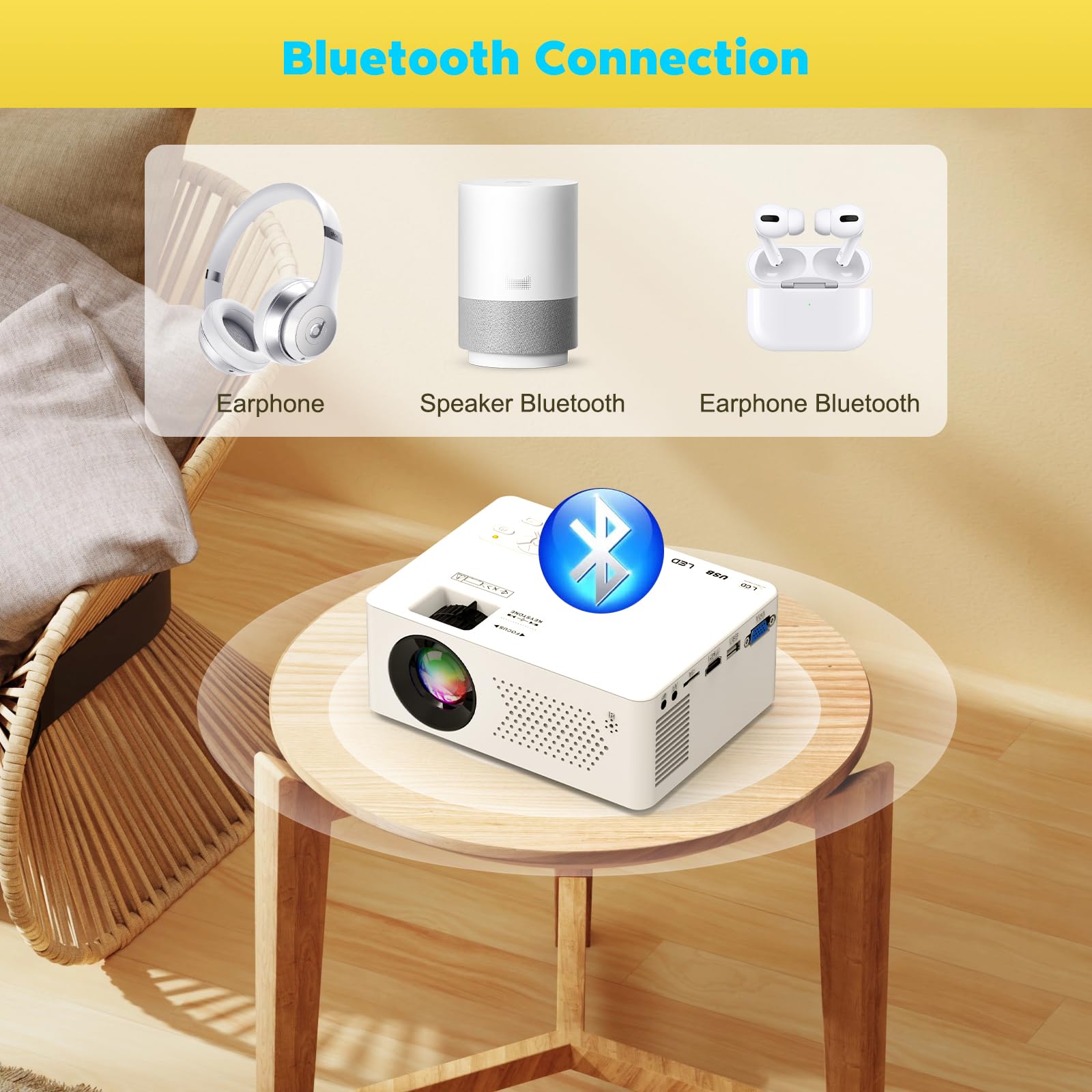 Purshe Mini Bluetooth Projector, Full Hd 1080P Supported Portable Outdoor Movie Projector For Ios, Android, Windows, Compatible