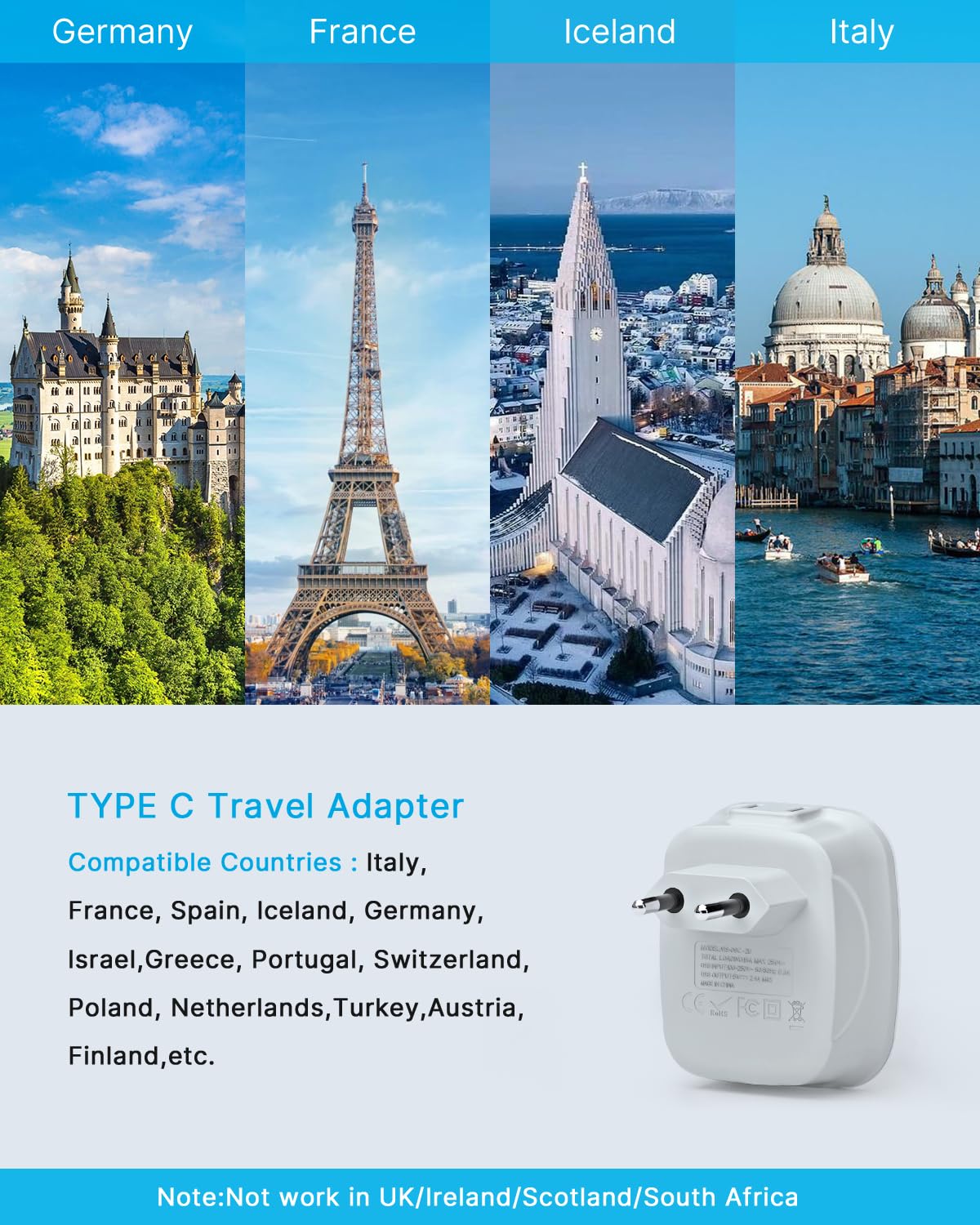 European Travel Plug Adapter, Vintar International Power Adapter With 2 Usb Ports,2 American Outlets 4 In 1 Travel Essentials To