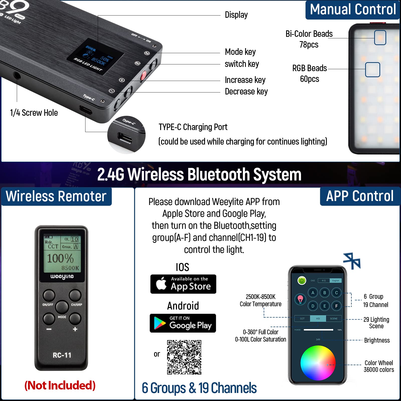 Weeylite Rb9 Rgb Camera Video Light, App Control 12W Led On Camera Light With Tripod, 2500 8500K 360 Full Color Cri 95+ Rgb Vide