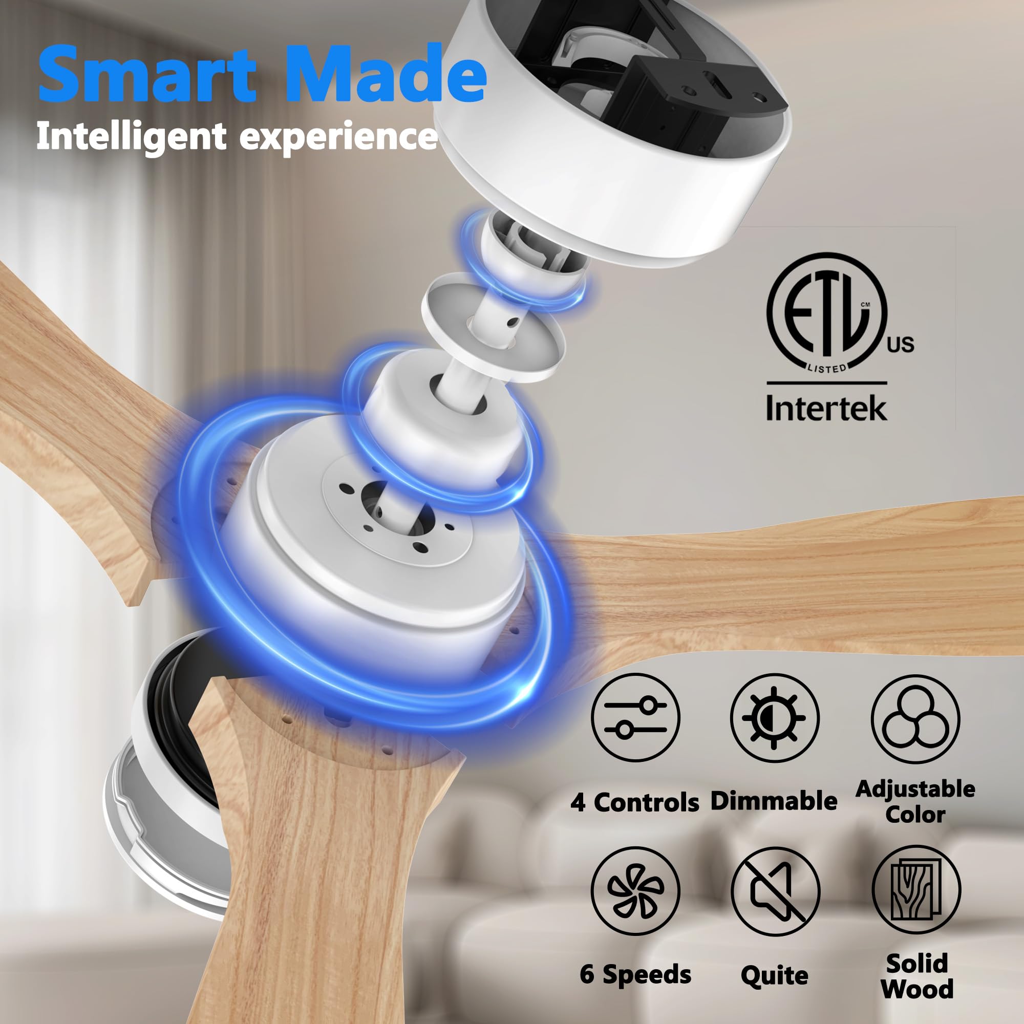 52 Inch Wood Smart Ceiling Fans With Lights Remote,Voice Control Via Wifi Alexa App,Quiet Dc Motor,Outdoor Indoor Ceiling Fan,Di