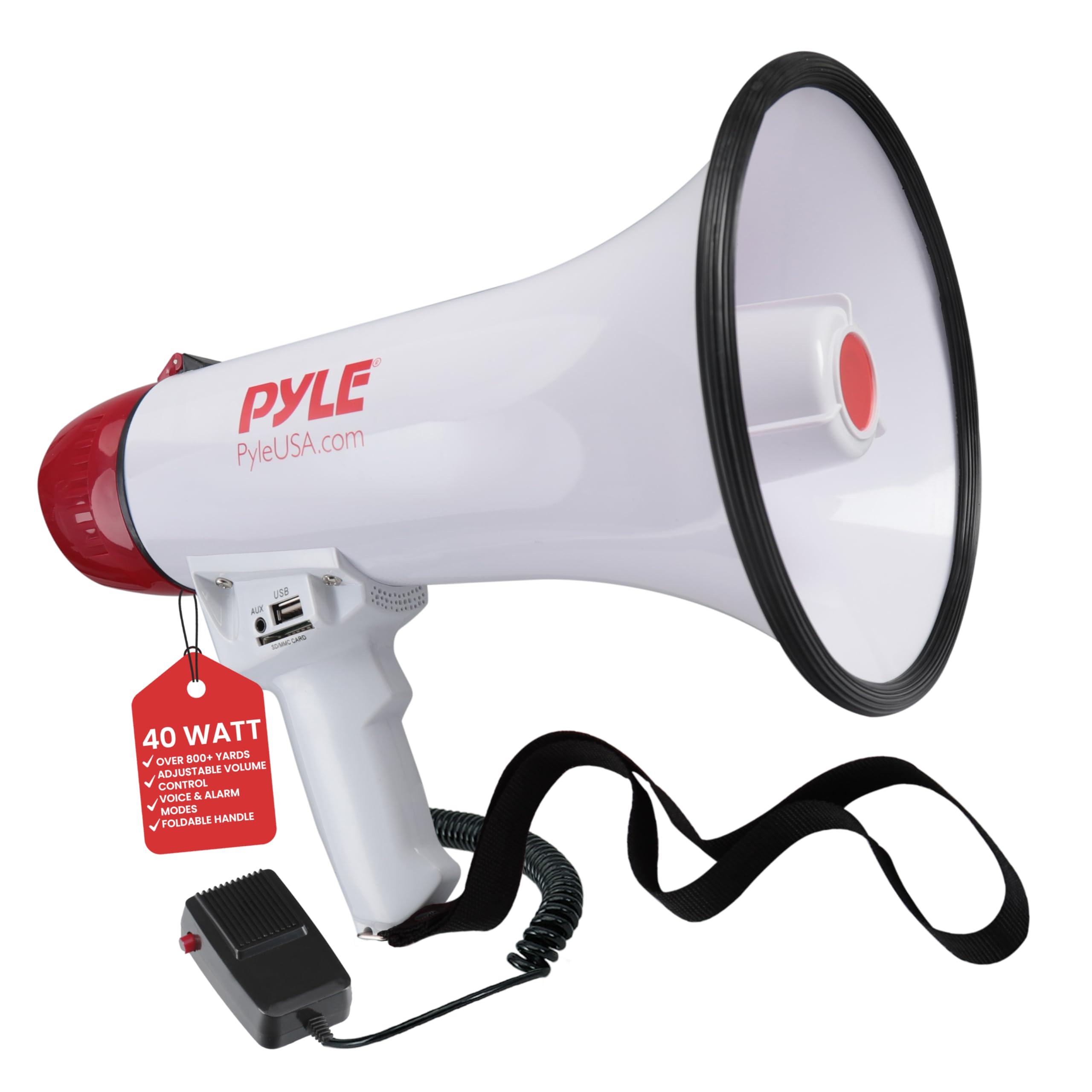 Pyle Megaphone Speaker PA Bullhorn Built-in Siren - Adjustable Volume Control & 800 Yard Range - for Football, Soccer, Baseball,