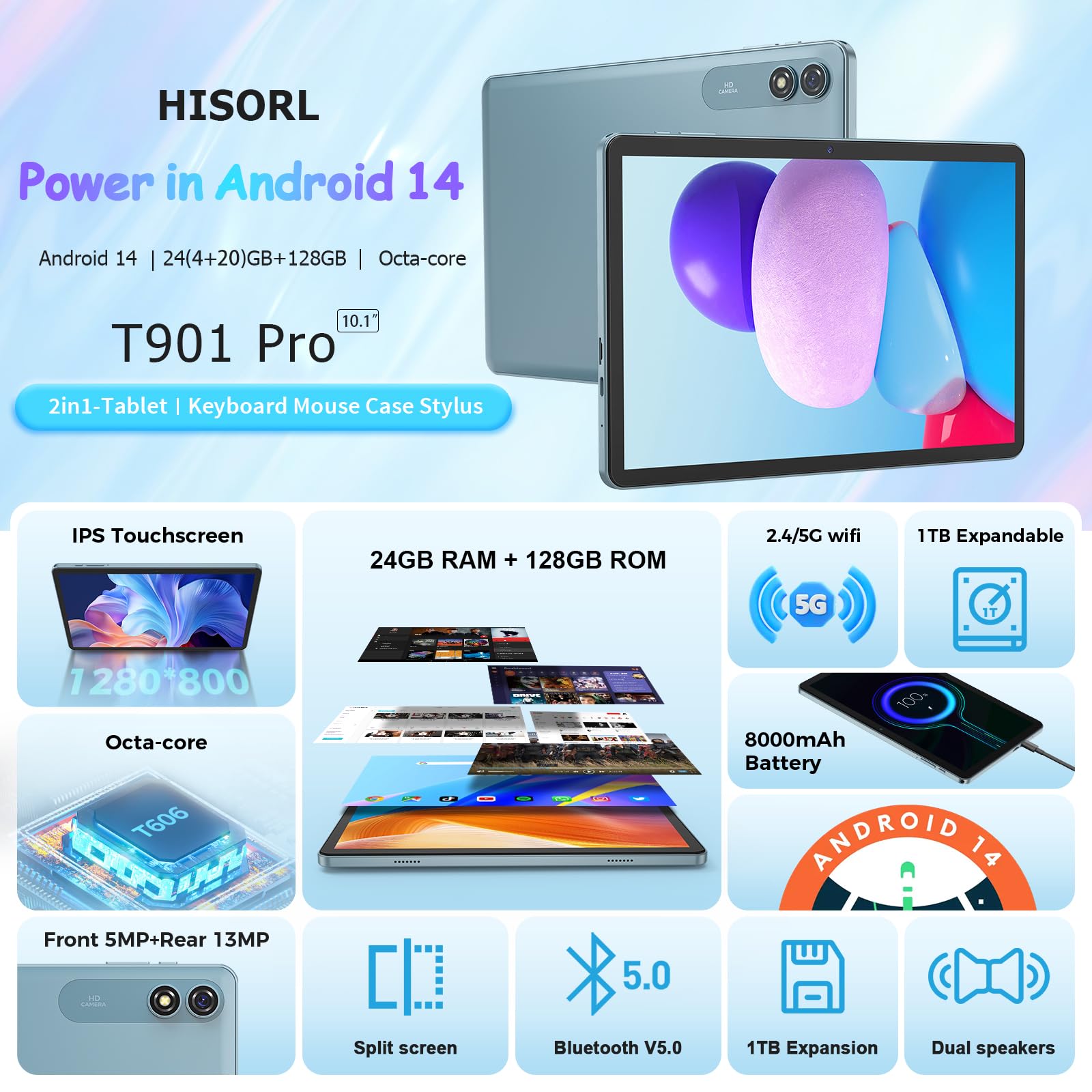 Hisorl Android Tablet With Keyboard, Android 14 Tablet 10 Inch With 24Gb+128Gb, 1Tb Expand, 8 Core, 8000Mah, 5G Wifi, Widevine L