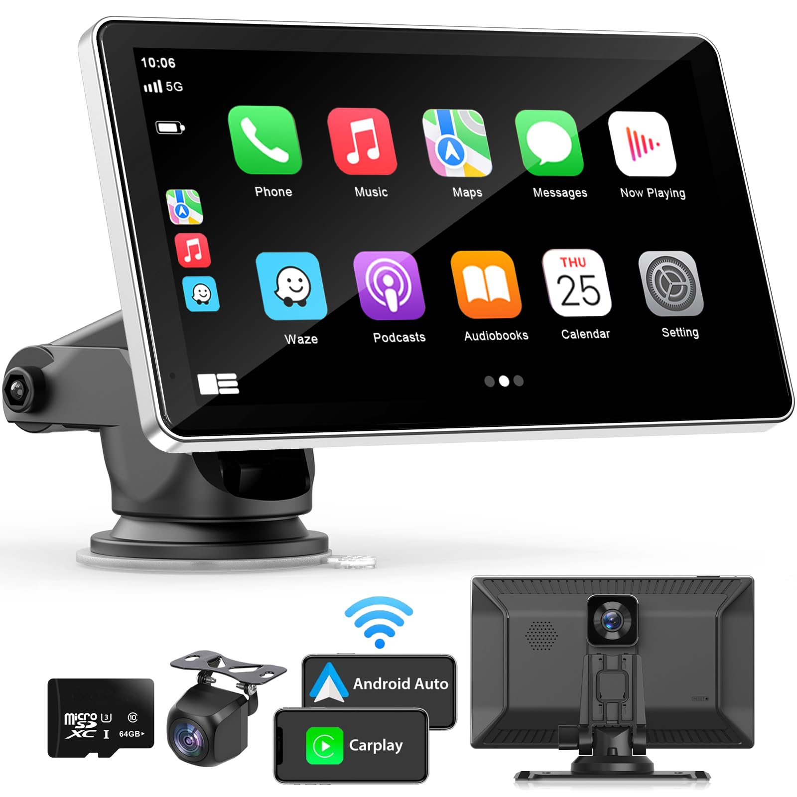 Madoec Portable Apple Carplay Screen For Car, 9'' Wireless Apple Carplay & Android Auto,4K Dash Cam,1080P Backup Camera Dvr,Car