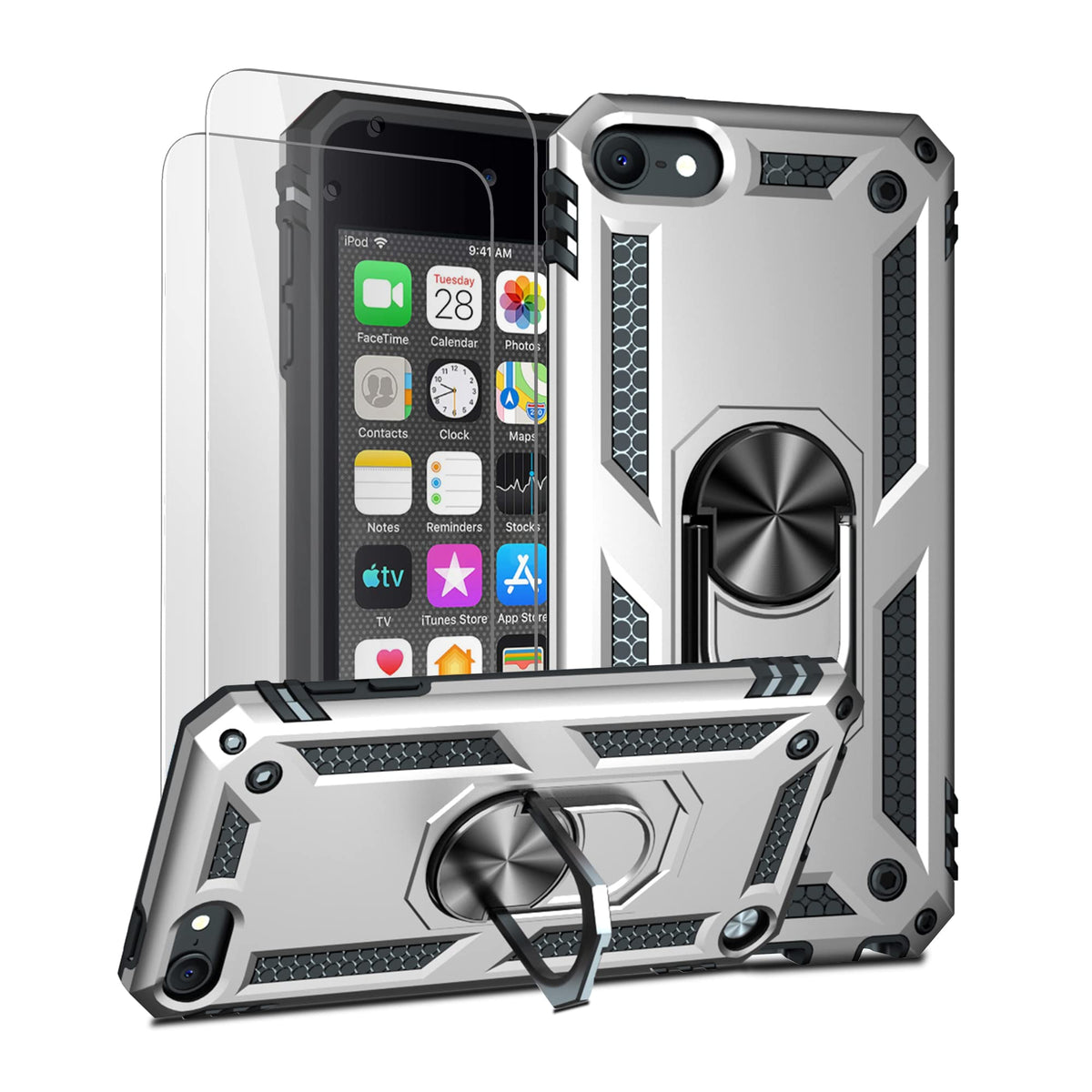 ULAK Compatible with iPod Touch 7 Case/iPod Touch 6 Case with 2 HD Screen Protectors, Hybrid Rugged Shockproof Cover with Built-in Kickstand for iPod Touch 7th/6th/5th Generation (Silver)