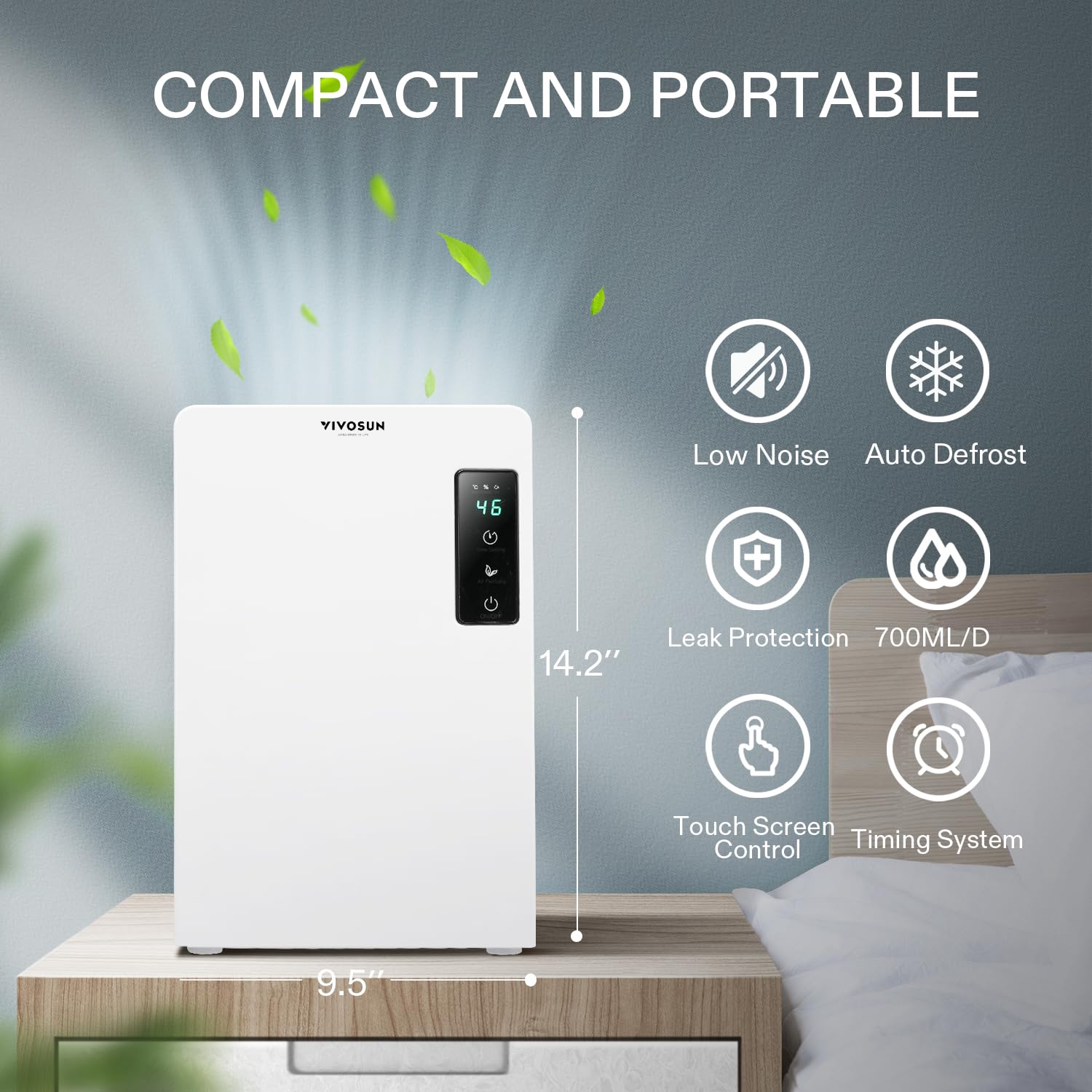 Vivosun Electric Mini Dehumidifier, Ultra Quiet Auto Defrost Dehumidifier With Timer, 2200Ml Water Tank And Drain Hose For Basem