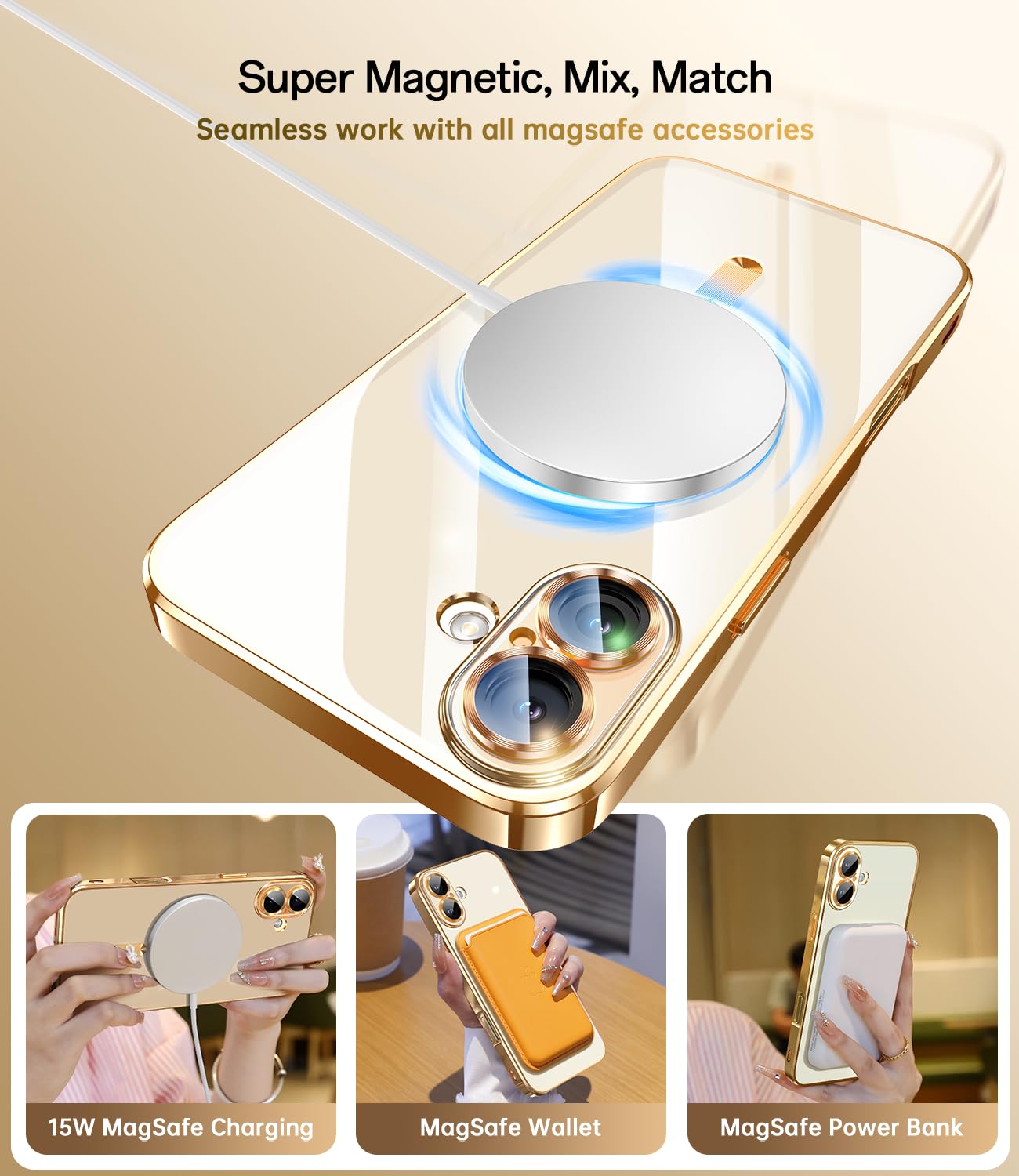 Waldeng For Iphone 16 Plus Case With 1X Screen Protector, [Seamless Work With Magsafe] [Interchangeable Glitter Card], With Inte