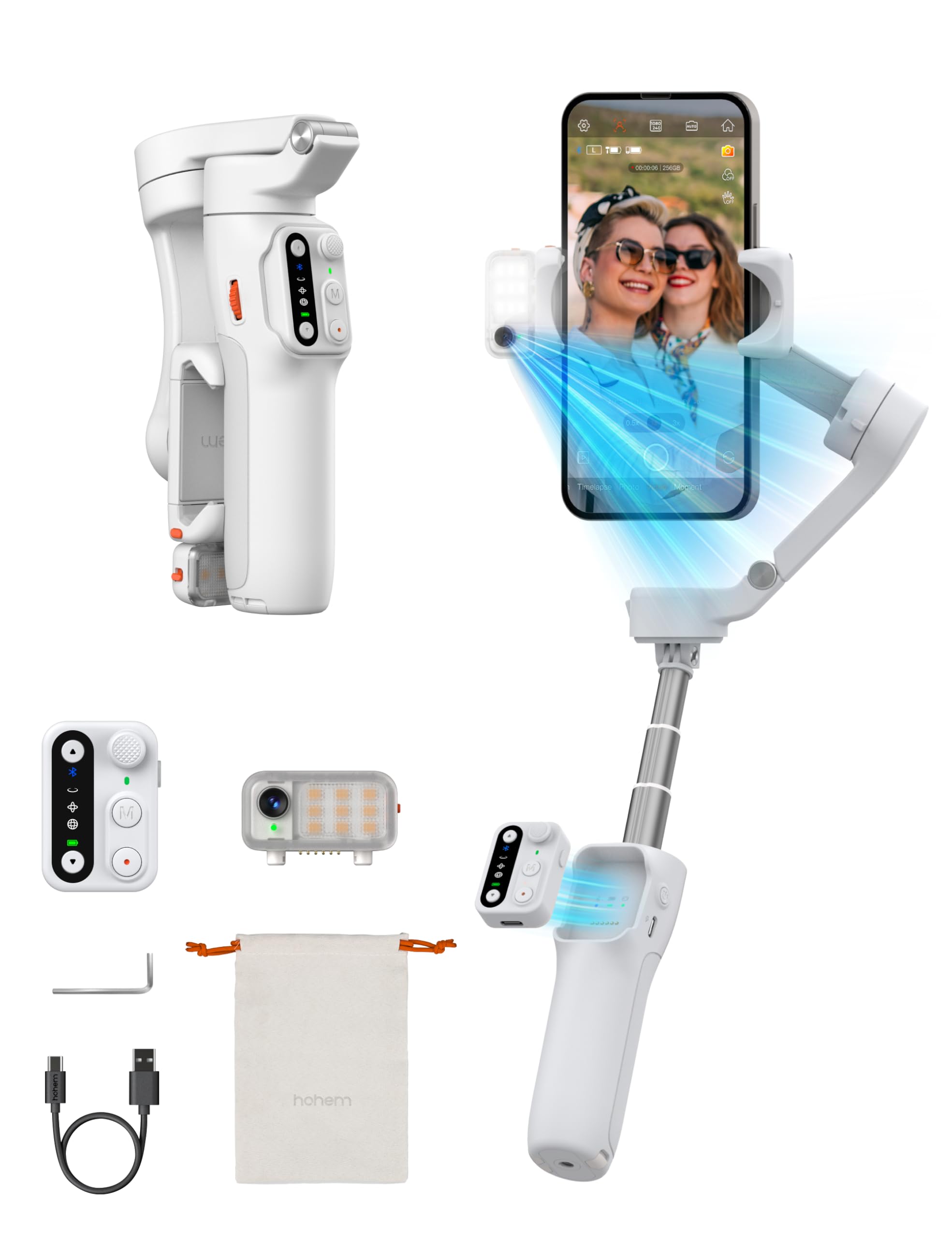 Hohem iSteady V3 Phone Gimbal Stabilizer, Magnetic AI Tracking Sensor with Fill Light, Detachable Remote Control, Built-in Exten