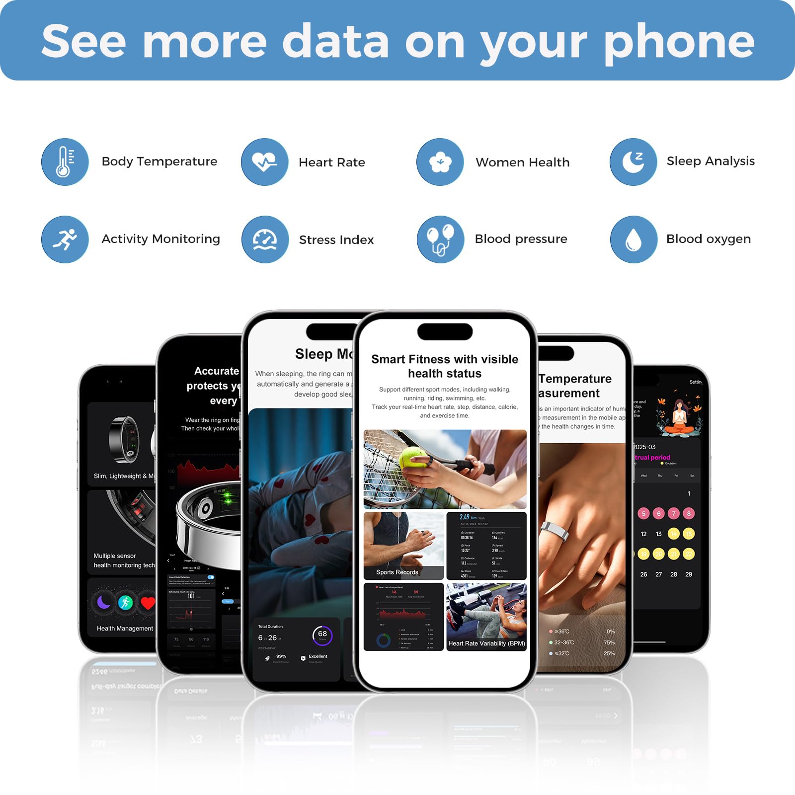 Smart Ring For Men And Women, Silver Fitness Tracker Ring With Heart Rate, Sleep Tracking, Step Counter, 170+ Activity Modes, Ge