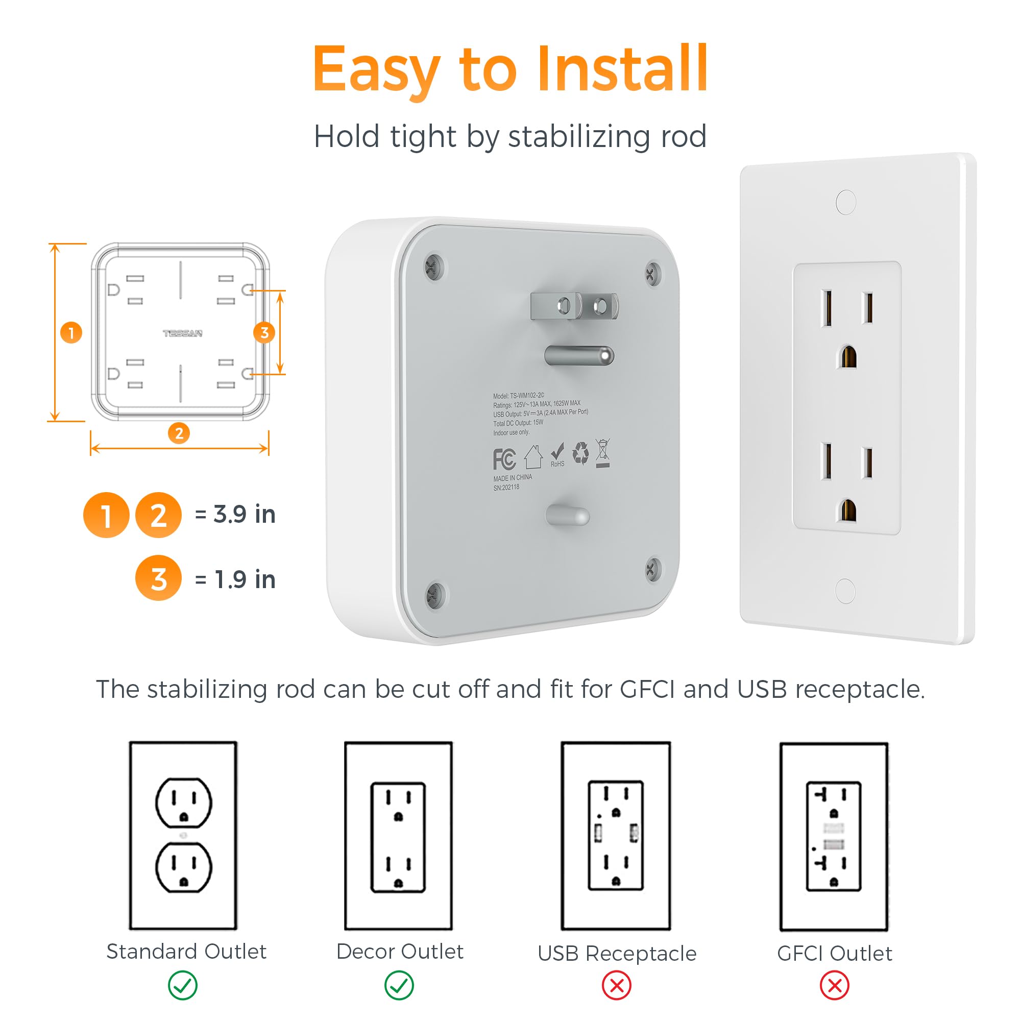 Multi Plug Outlet Extender, Tessan Outlet Splitter 4 Outlets 3 Usb Wall Charging Ports (2 Usb C), Wide Spaced Multiple Expander
