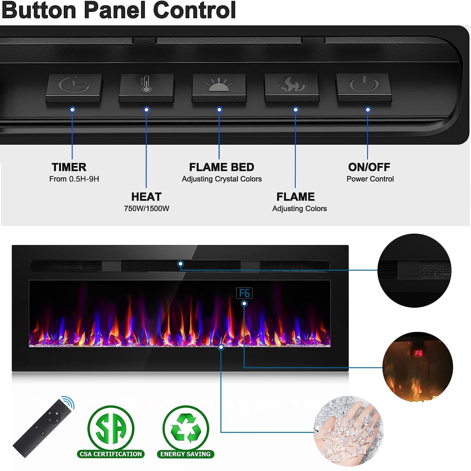 50 Inch Electric Fireplace Recessed And Wall Mounted, Fireplace Heater And Linear Fireplace, Ultra Thin Electric Fireplace, Low