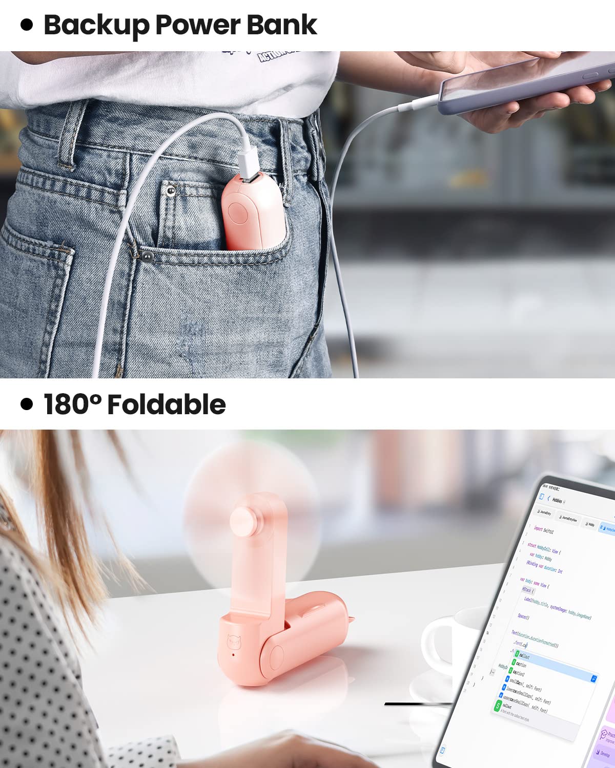 Gaiatop Portable Handheld Fan, Foldable Small Fan, Mini Hand Held Fan With Usb Rechargeable 2000Mah Battery, Eyelash Fan For Gir