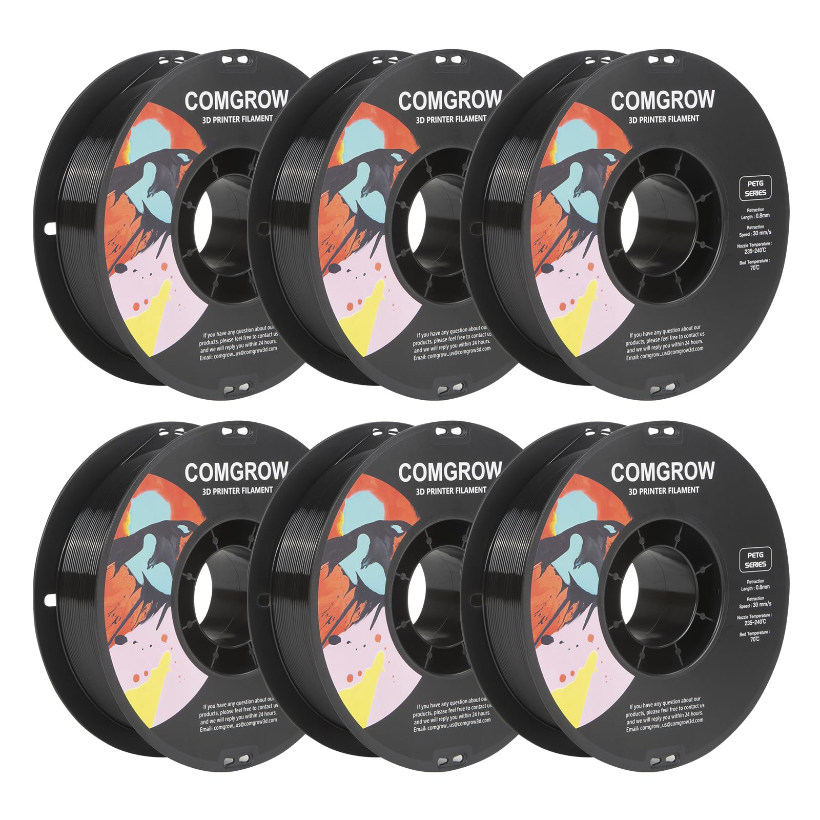 Comgrow PETG 3D Printer Filament 1.75mm, High Precision and Tough 3D Printer Filament 6 Rolls*1kg, Dimensional Accuracy +/- 0.02
