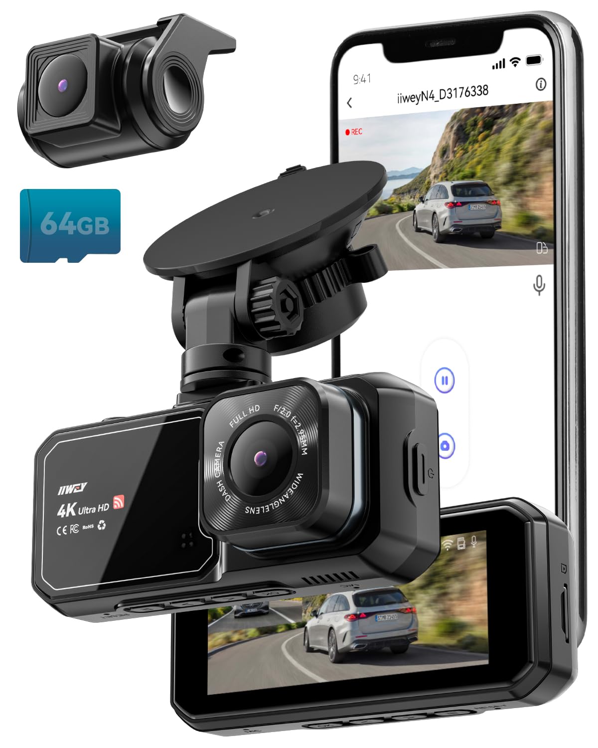 Dash Cam Front And Rear, 4K Uhd Dual Dash Camera For Cars, 3.16'' Ips Dashboard Camera Recorder Built In Wifi & App Control, Wit