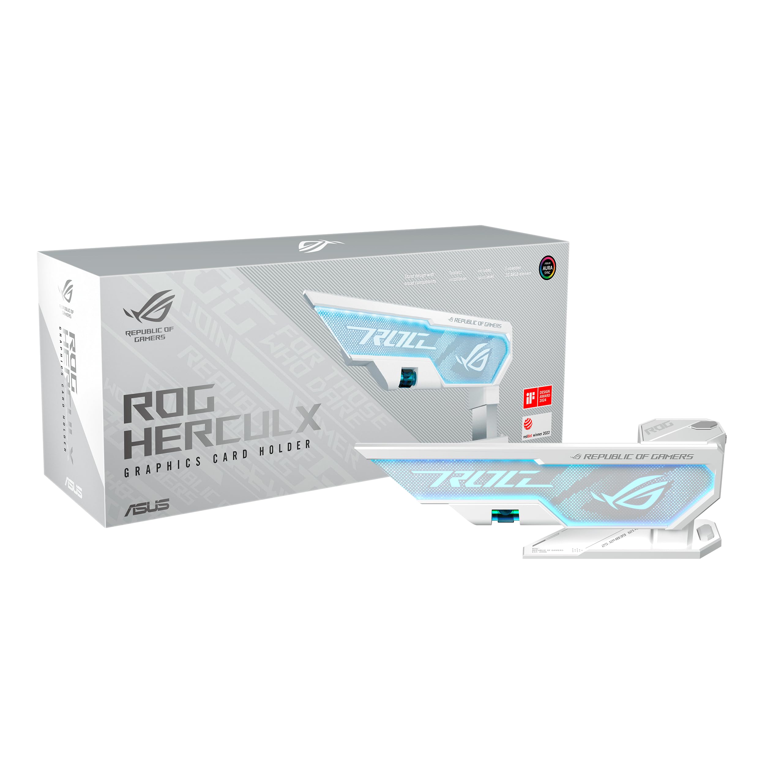 Asus Rog Herculx Graphics Card Holder White Edition (Tool Free Design, Included Spirit Level, Solid Zinc Alloy, 72 128Mm, Aura S