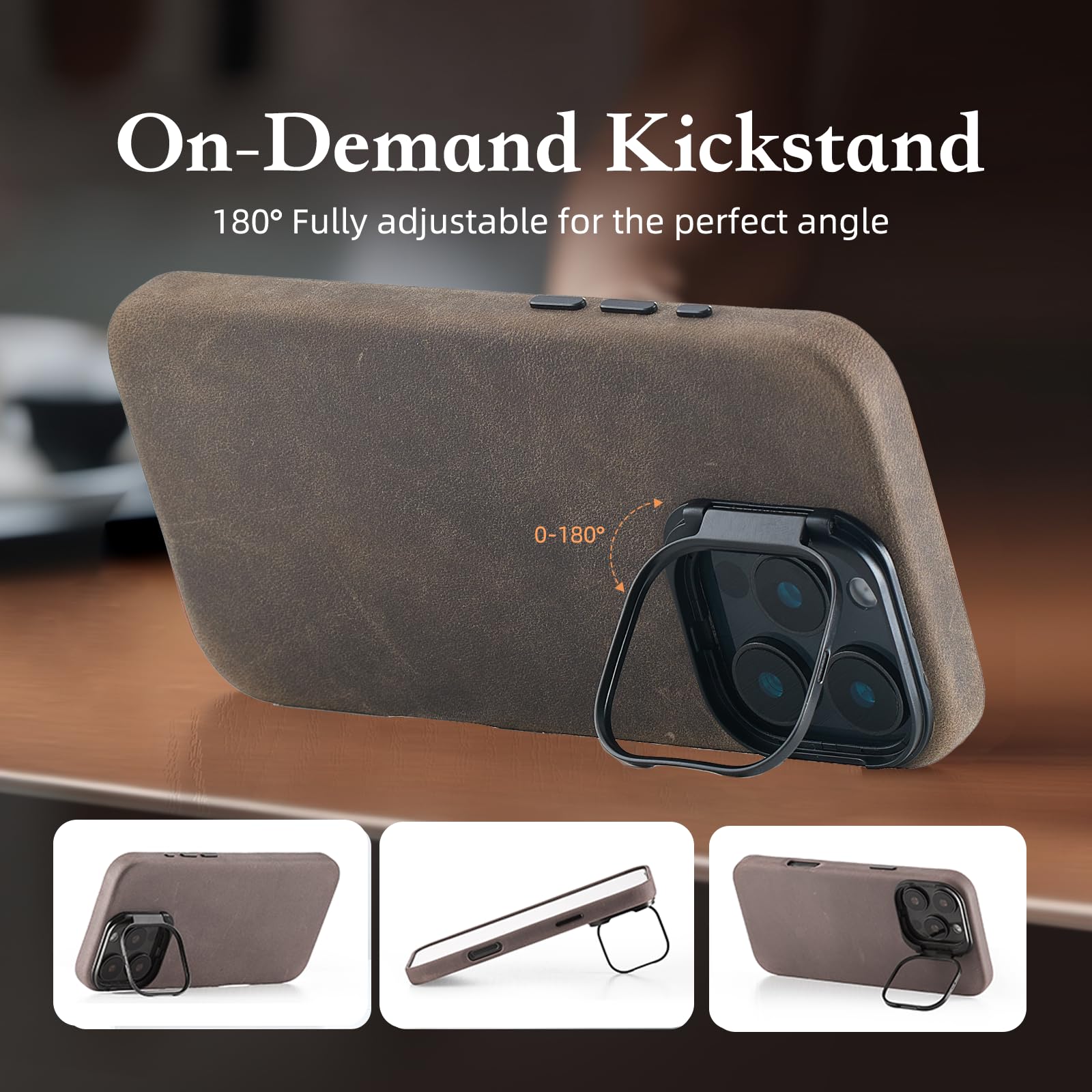 Inunion For Iphone 16 Pro Max Case Genuine Leather With Magsafe, Built-In Stash Stand Phone Case-Vintage Top Full Grain Crazy Ho