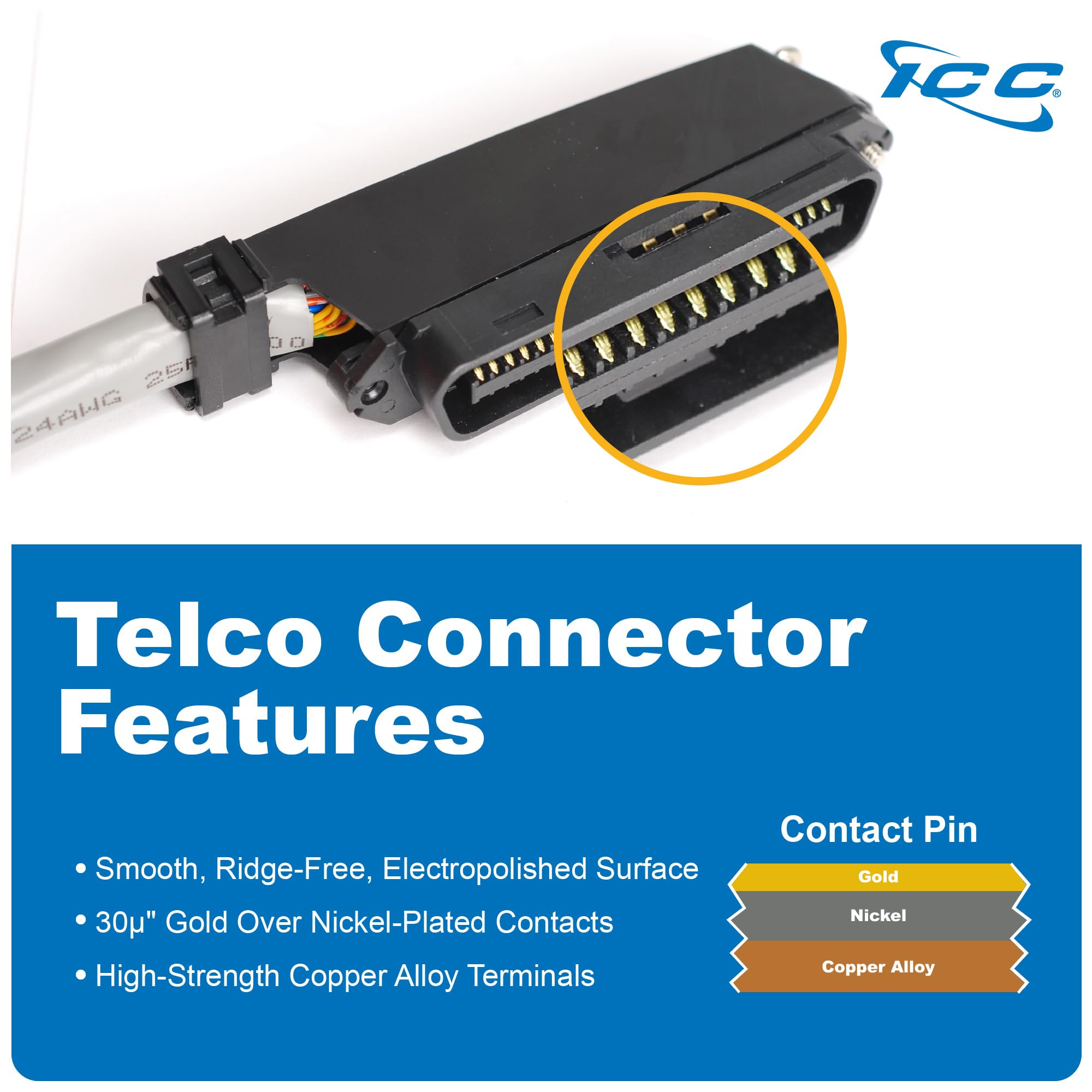 Icc Female To Male 25 Pair Telco Cable 15Ft - Cat3 24Awg, 100% Solid Pure Copper, Gray Riser Cmr Cable With 90 Degree 50 Pin Tel