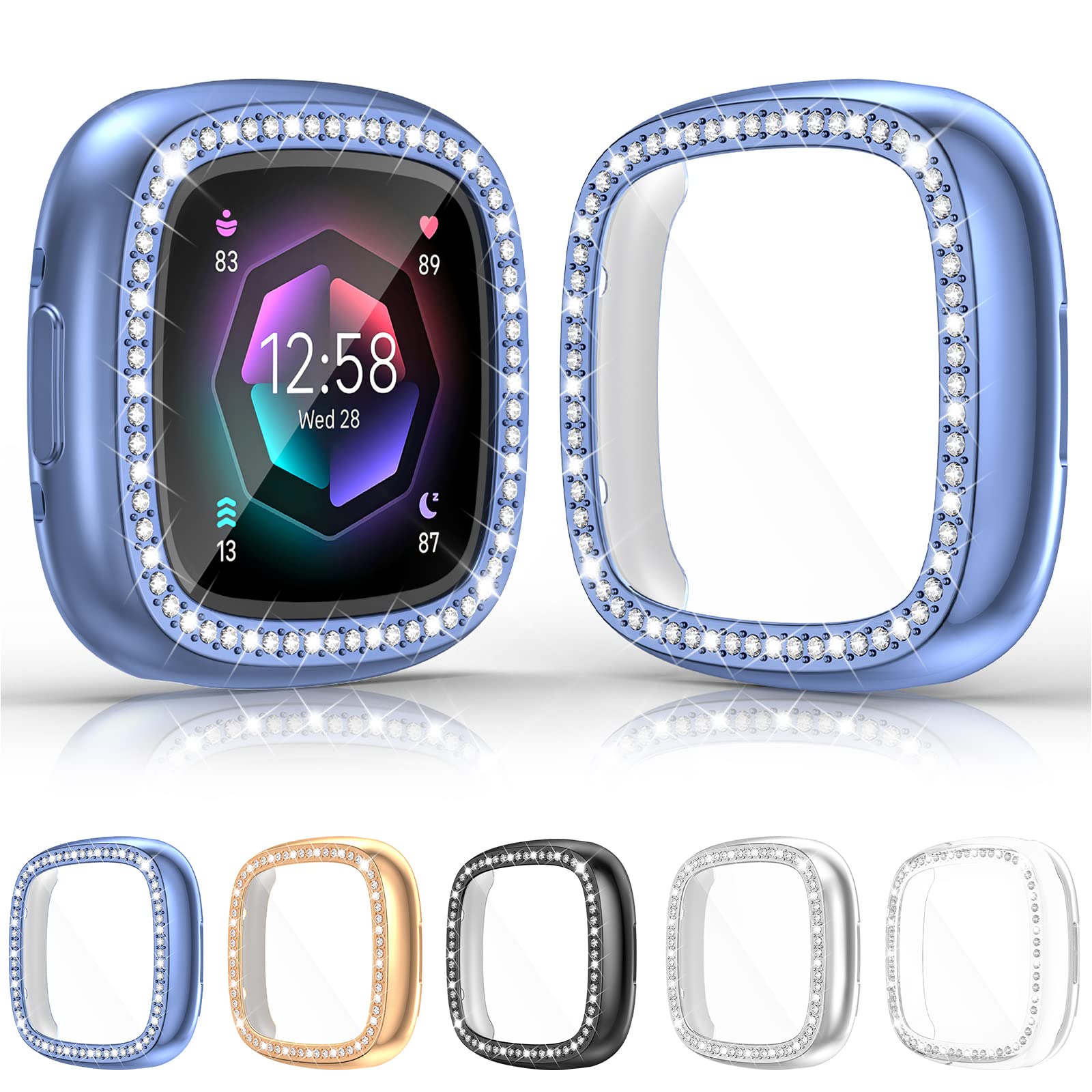 [5Pack] RICHONE Compatible with Fitbit Versa 4 & Sense 2 (2022) Screen Protector Case, Bling Diamonds Cover Soft TPU Bumper Smar