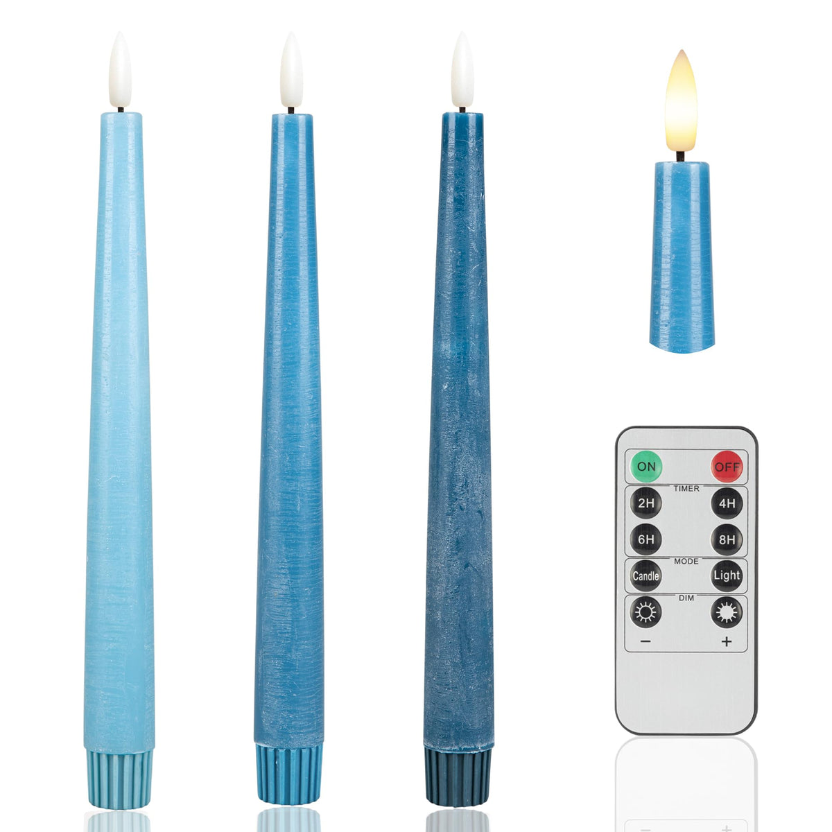 Afineth Blue Flameless Taper Candles, 9.6'' Real Wax Battery Operated Candles With Remote, 3 Pack Flickering, Gradient Candlesti