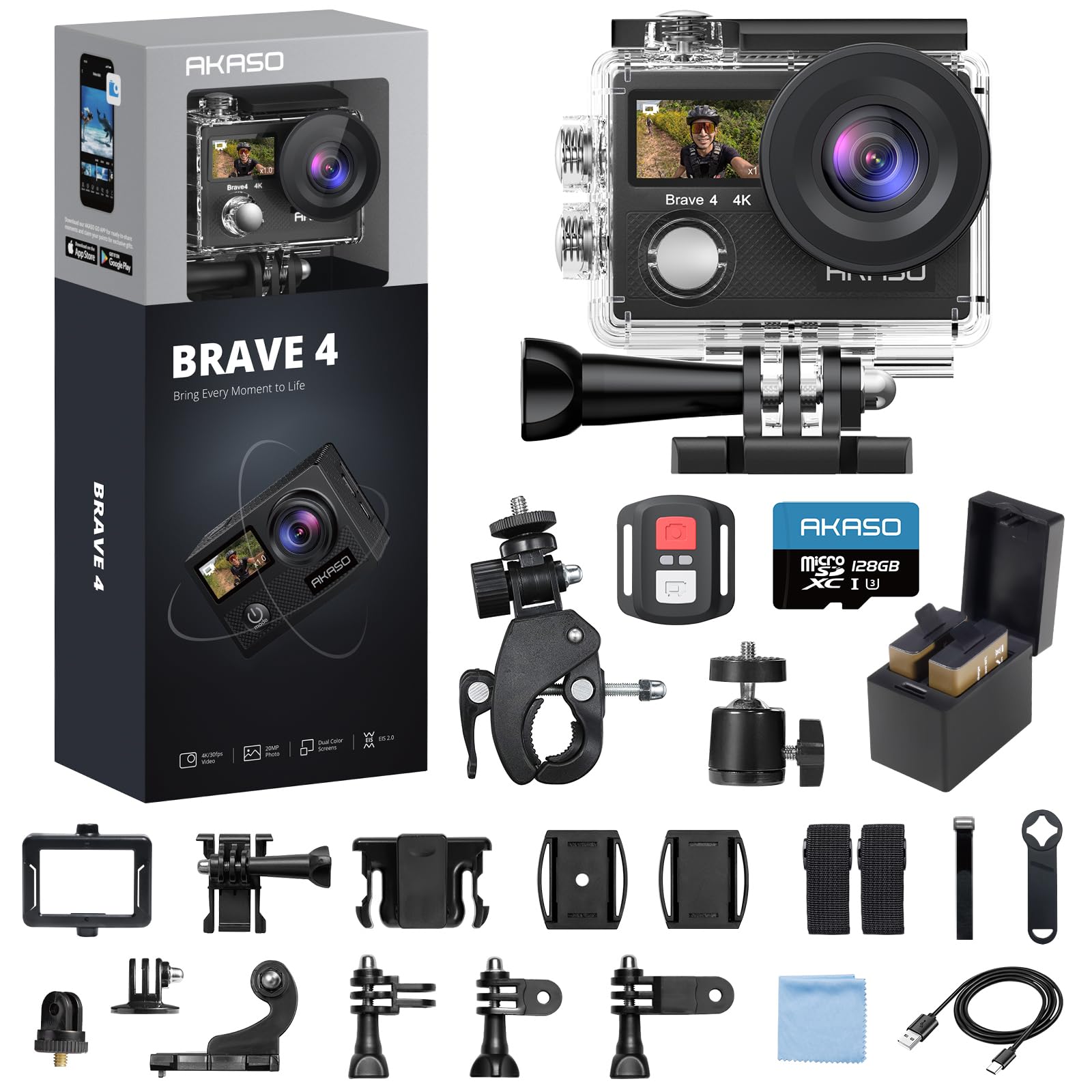 AKASO Brave 4 Action Camera 4K 30fps with 128GB MicroSDXC Card 20MP Ultra HD 131FT Waterproof Underwater Camera EIS WiFi Remote 