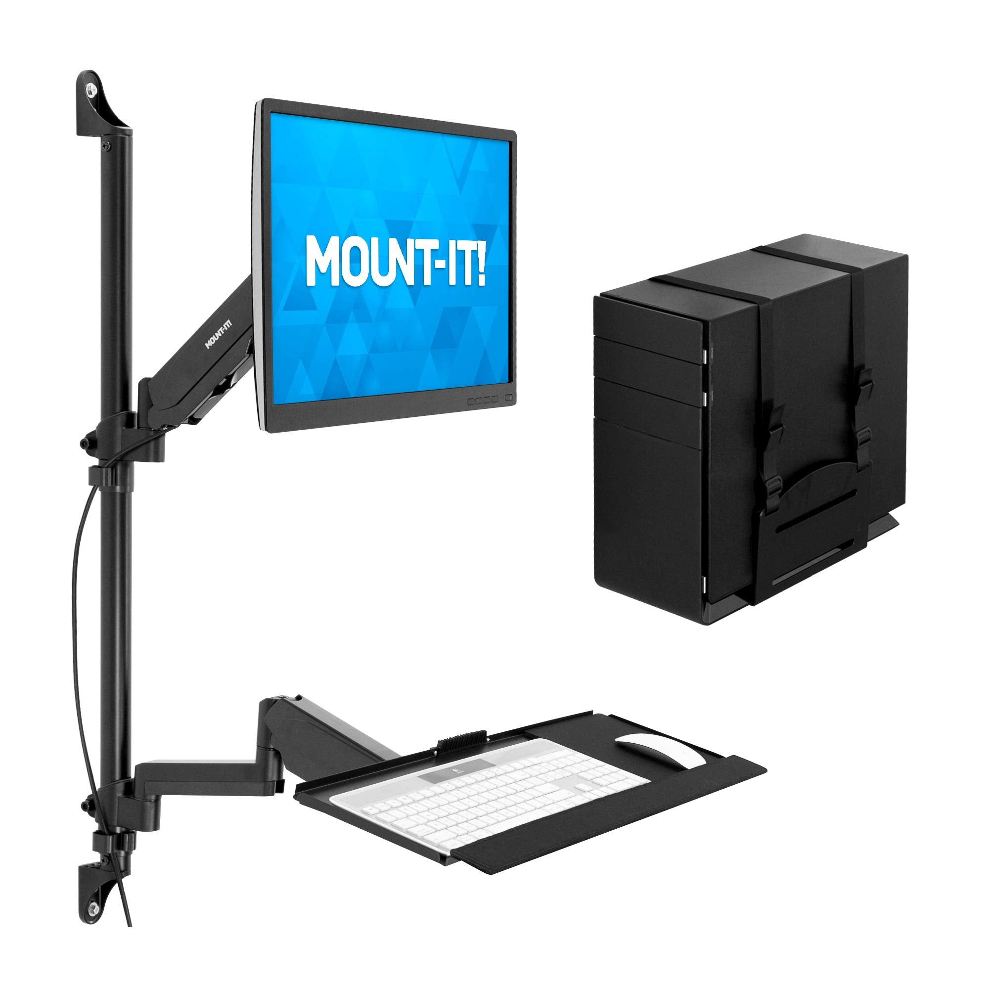 Mount It! Wall Mount Workstation with Single Monitor Mount, Keyboard Tray and CPU Holder, Height Adjustable Full Motion Arms, Fits One 32 Inch Computer Screens