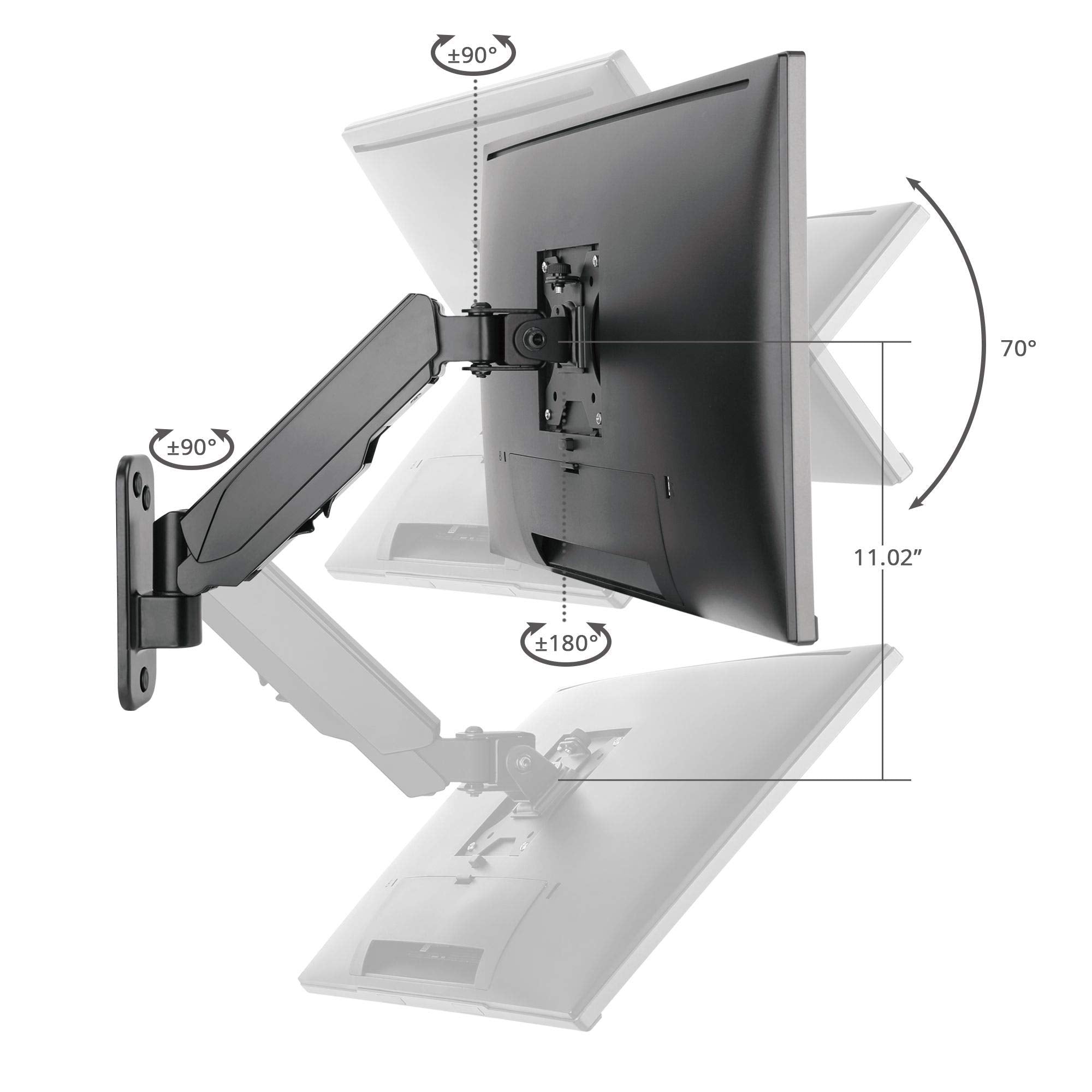 Siig Aluminum Gas Spring Full Motion Ergonomic Single Arm Monitor Wall Mount   Heavy Duty Holds 17'' To 32'' Screen, Up To 17.6L