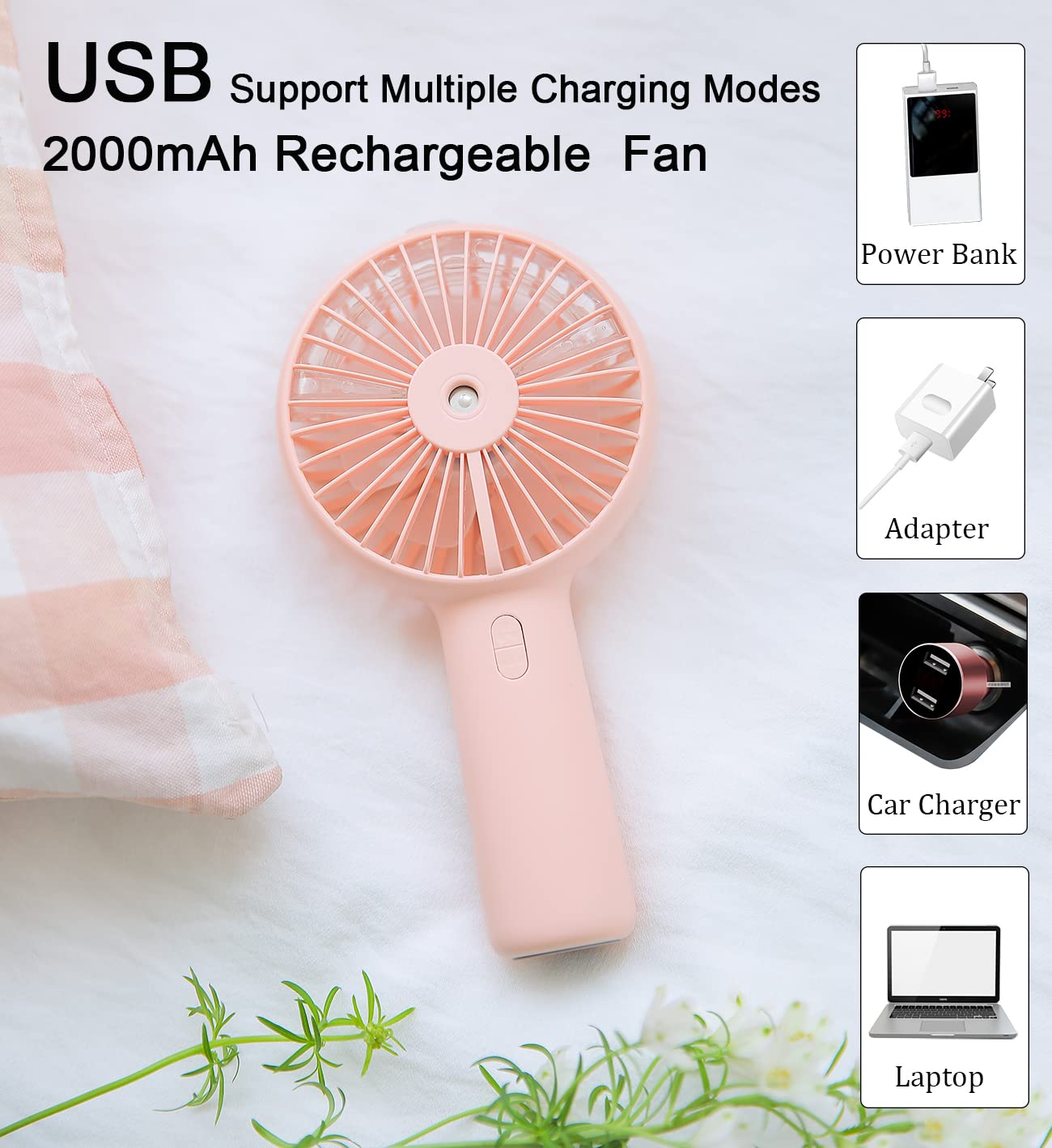 Small Handheld Misting Fan, Portable Fan Mister With Water Tank 2000Mah Rechargeable Usb Battery Operated Spray Water Fan Person