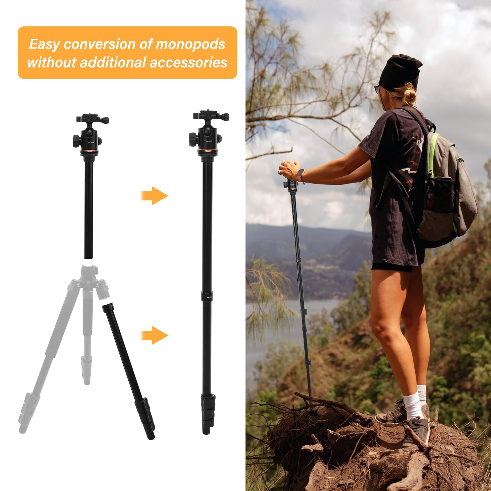 Mosiso 64.5 Inch Tripod For Camera, 360 Degree Ball Head Aluminum Camera Tripod Stand With Bag&Phone Mount For Travel, Dslr Tripod&Monopod Compatible With Canon Nikon Sony Camera, 11Lb Load, Black