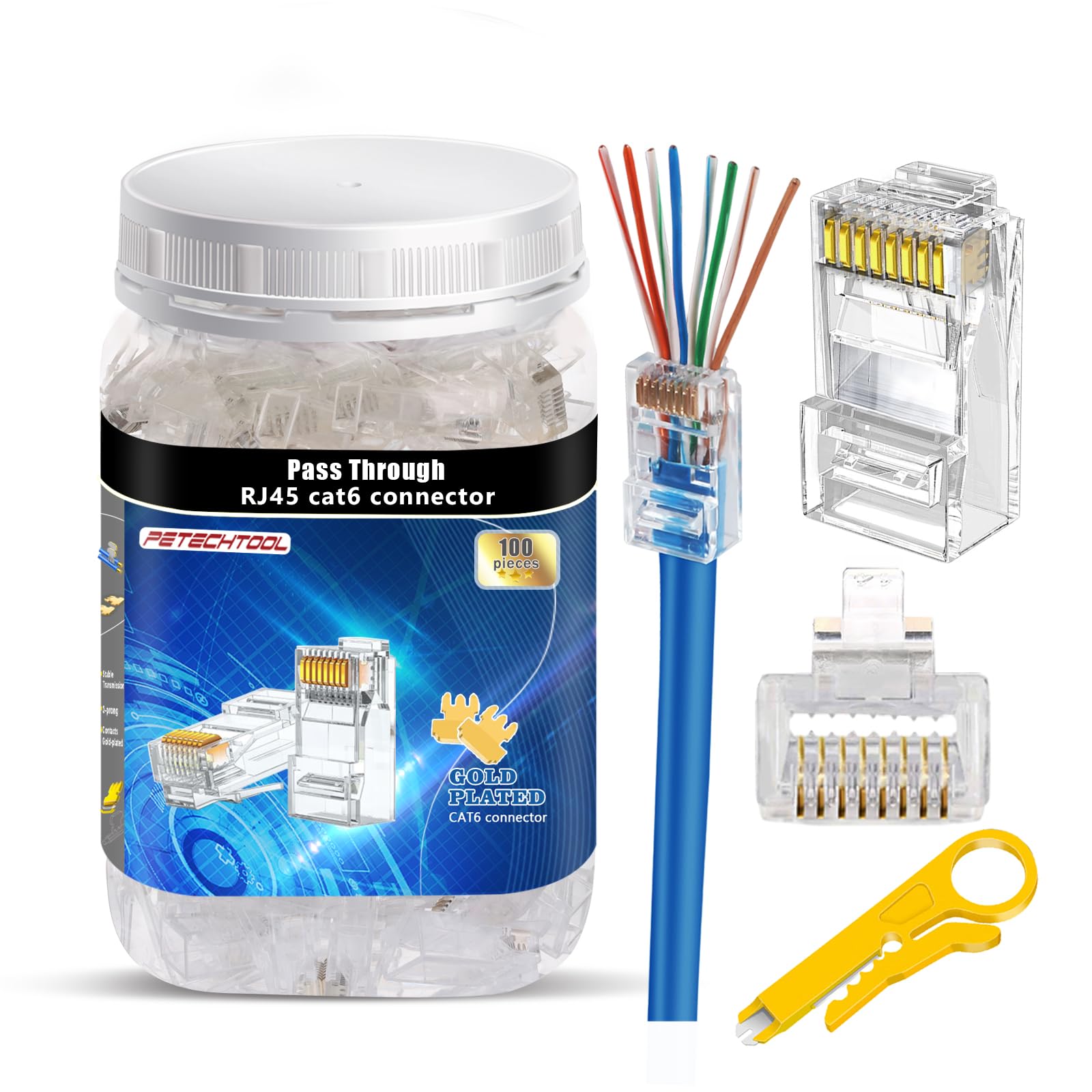 Petechtool Cat6 Rj45 Connectors Pass Through Cat6 Cat5 Ethernet Connector 100 Pack With Wire Stripper For Solid Or Stranded Utp