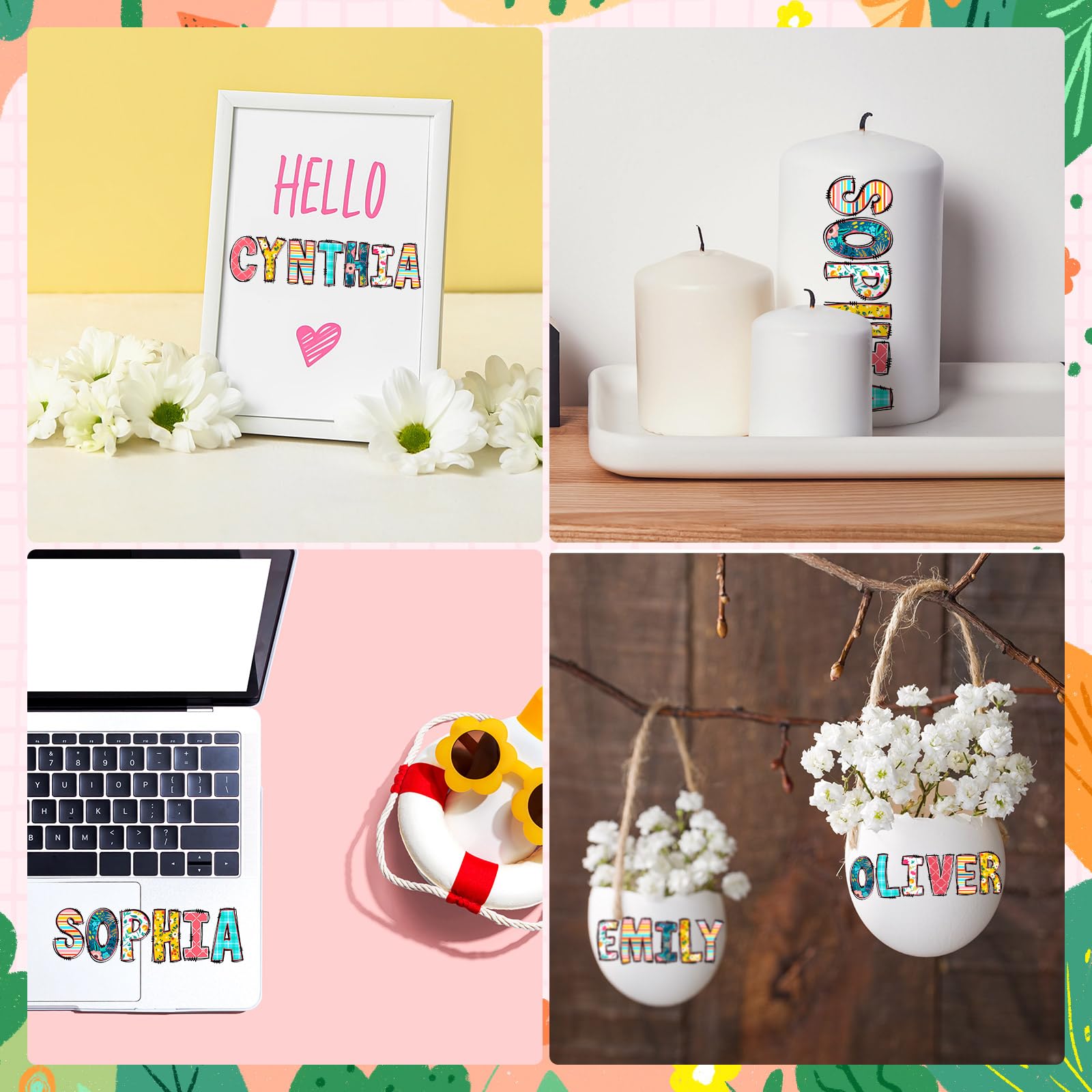 Humyoun 6 Pcs Uv Dtf Cup Wrap Flower Letters Custom Transfer Letter Stickers Personalized Spring Valentine Vinyl Name Decal For