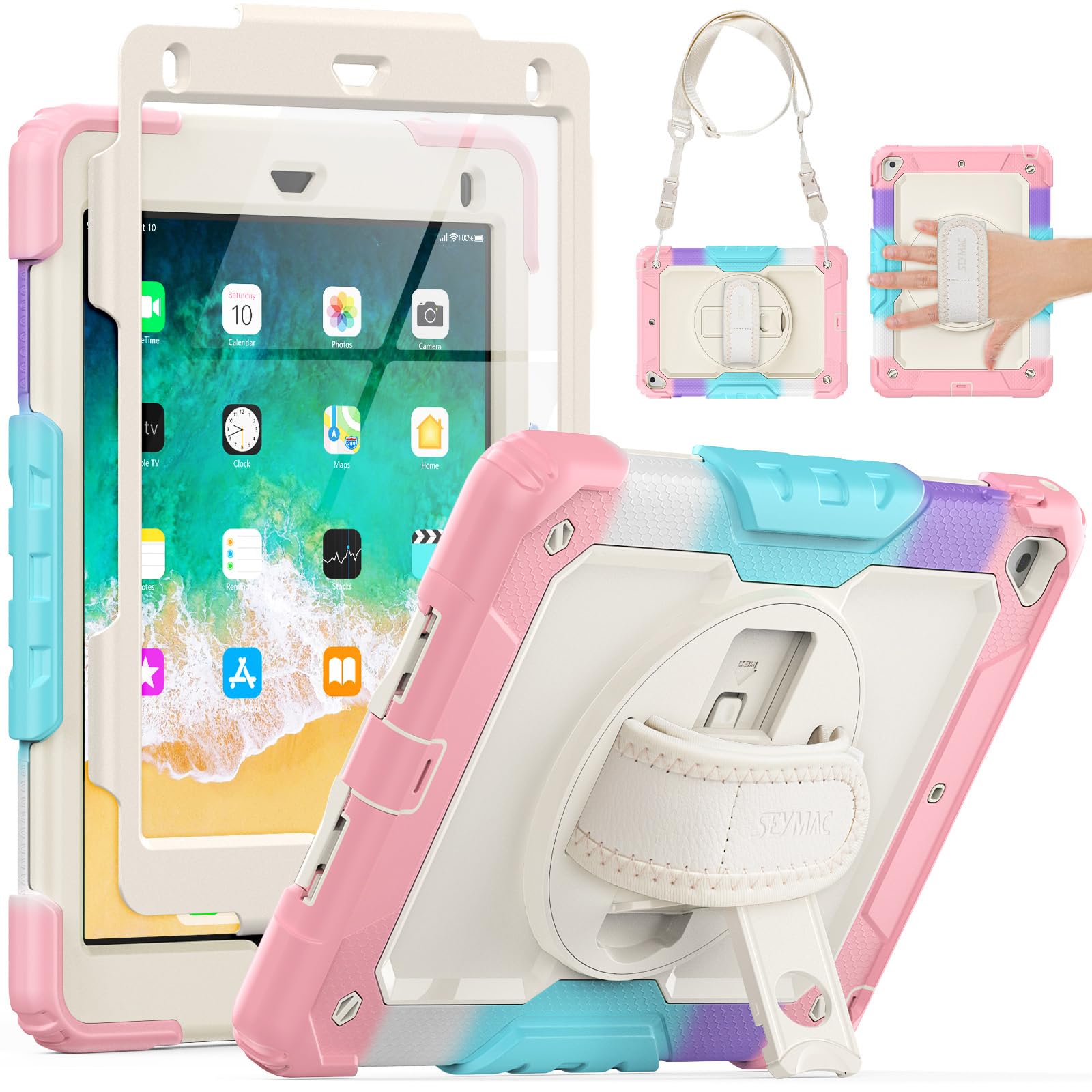 Seymac Kids Case For Ipad 6Th/5Th Generation Case 9.7', Full Body Shockproof Heavy Duty Protective Case With Screen Protector, Rotating Stand/Hand/Shoulder Strap For Ipad Air 2/Pro 9.7, Colorful Pink