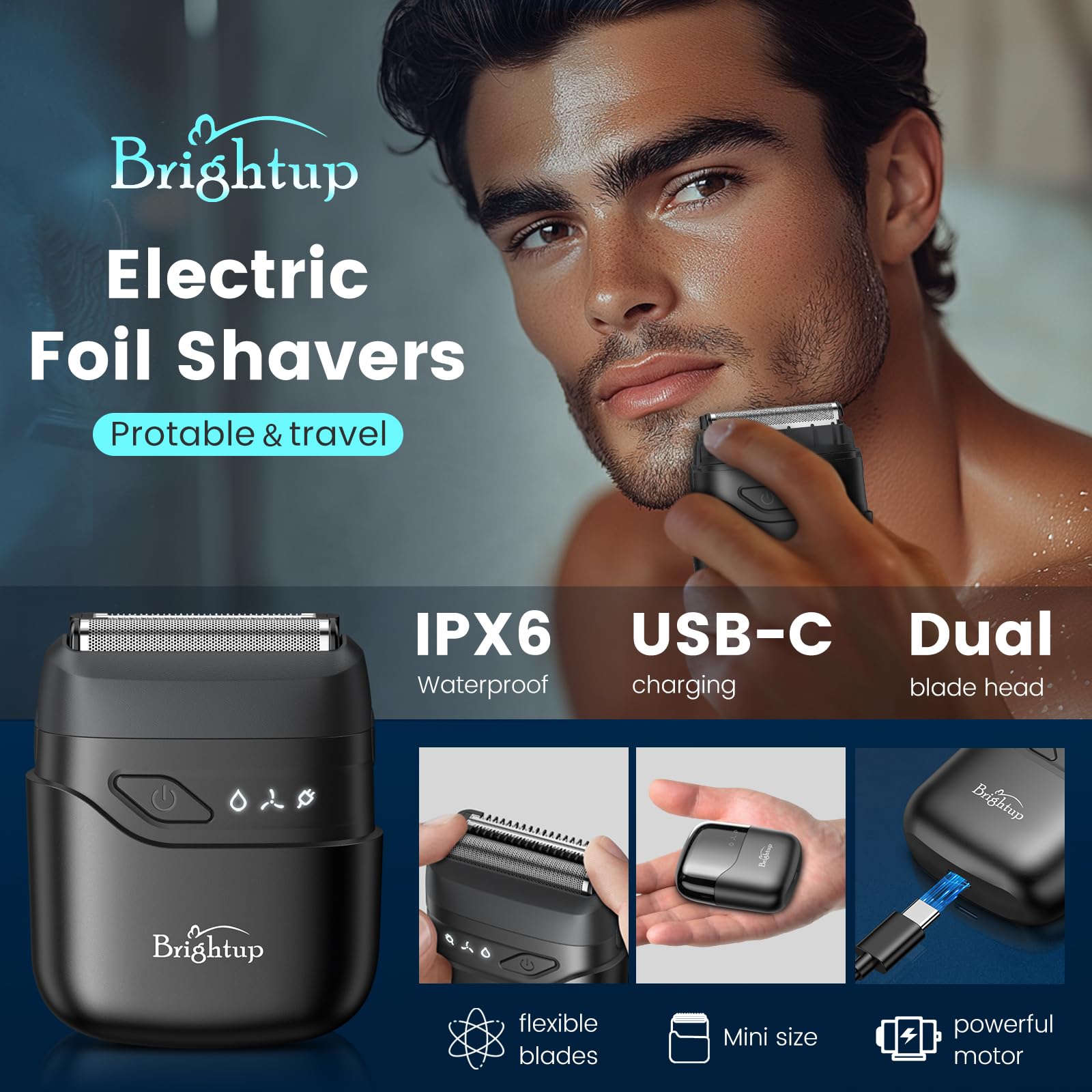 Brightup Compact Travel Shavers For Men, Portable Mini Foil Shaver Usb C Rechargeable Electric Razor With Floating Blades For St